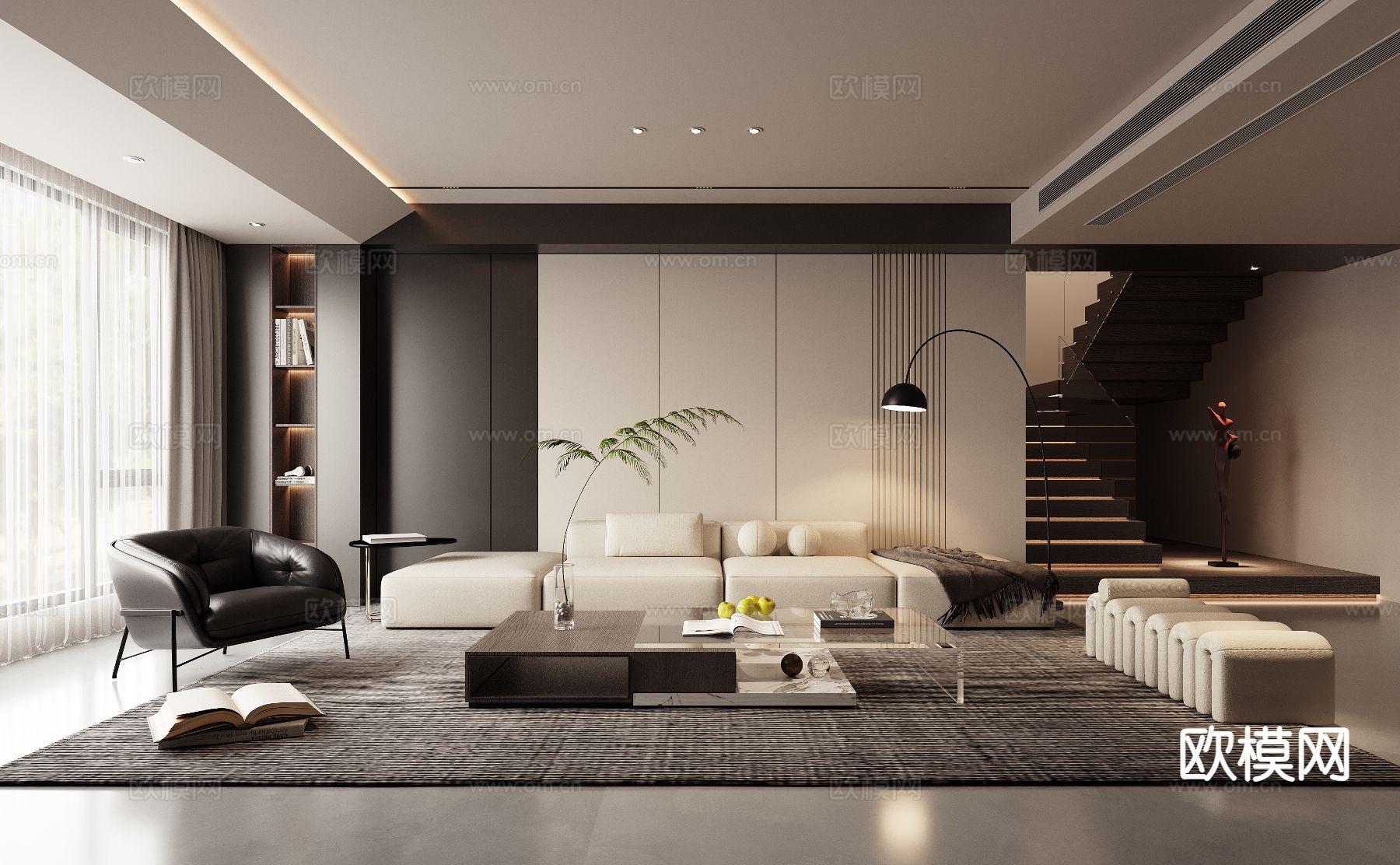 高级灰客厅3d模型下载（渲染图1）