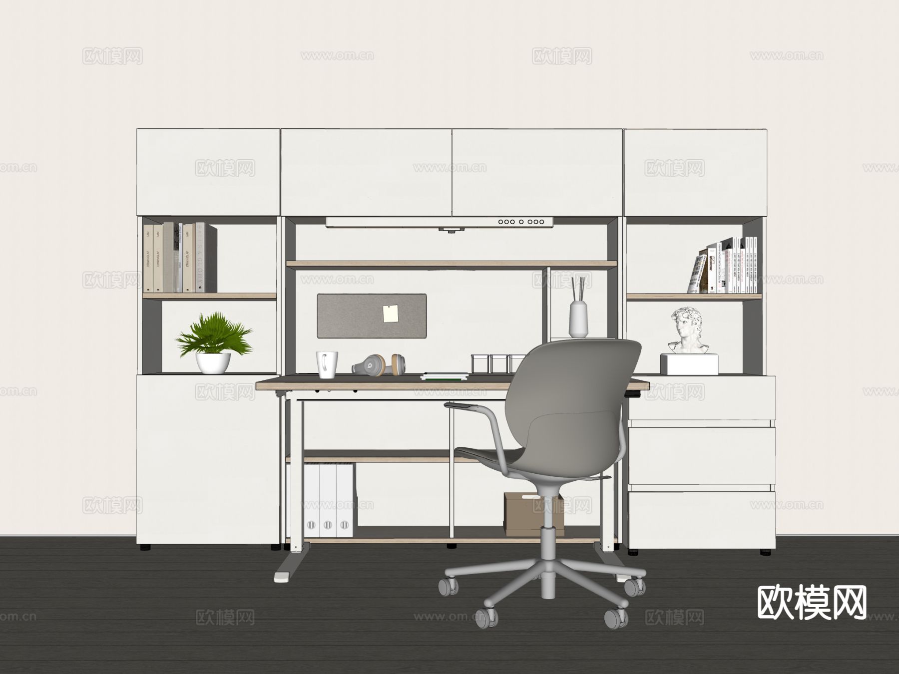 奶油风书桌椅 书柜su模型下载（渲染图1）