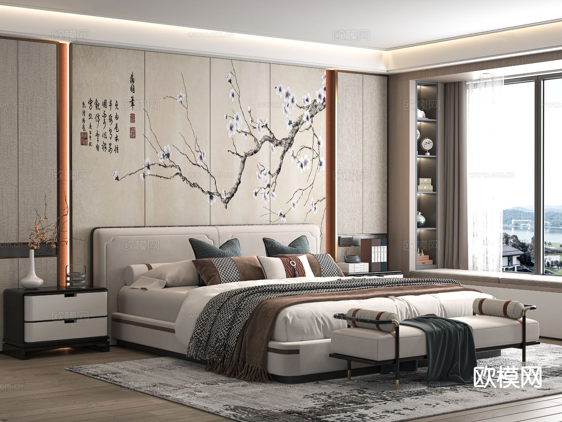 新中式双人床su模型下载（渲染图2）