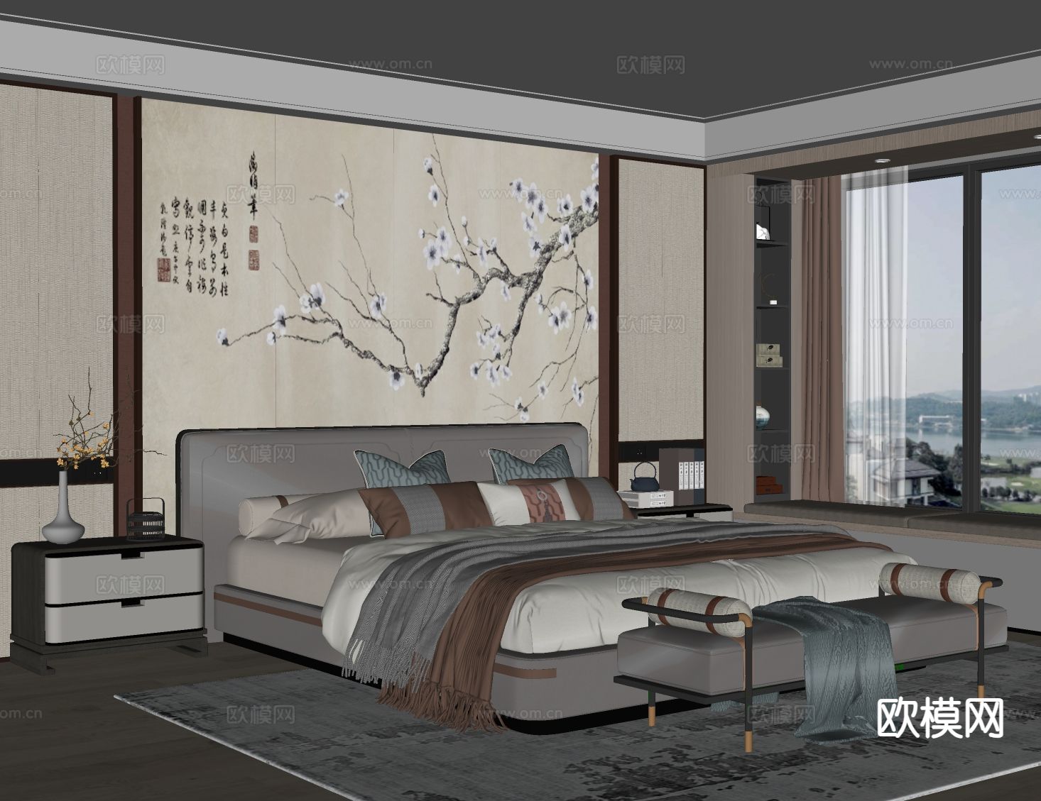 新中式双人床su模型下载（渲染图1）