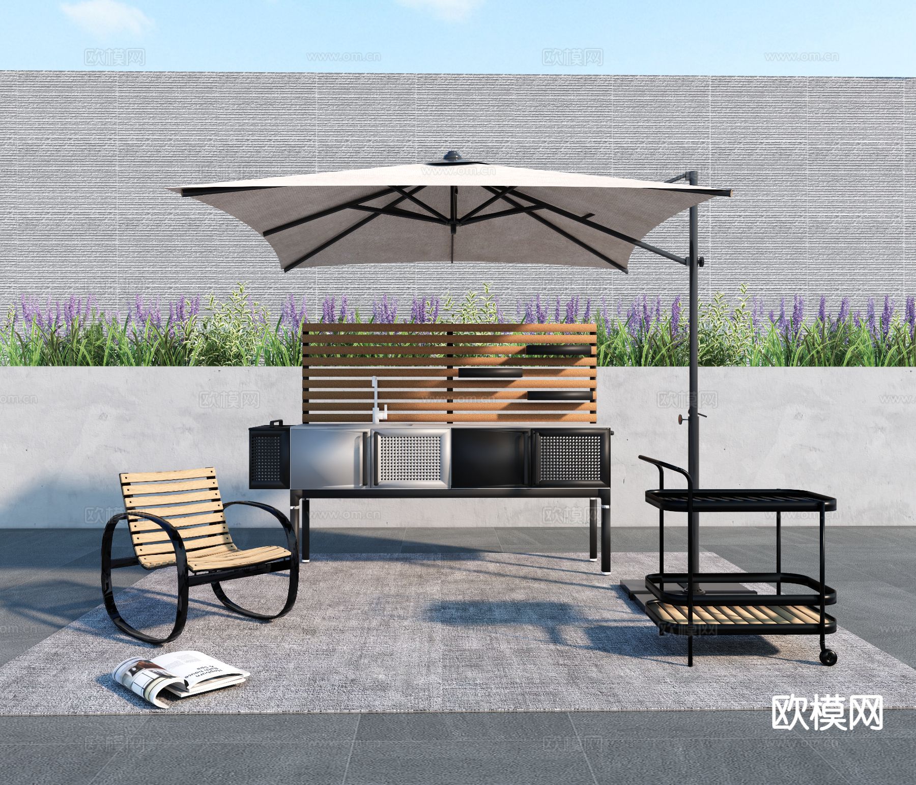 户外椅 休闲椅 摇椅 遮阳伞su模型下载（渲染图2）