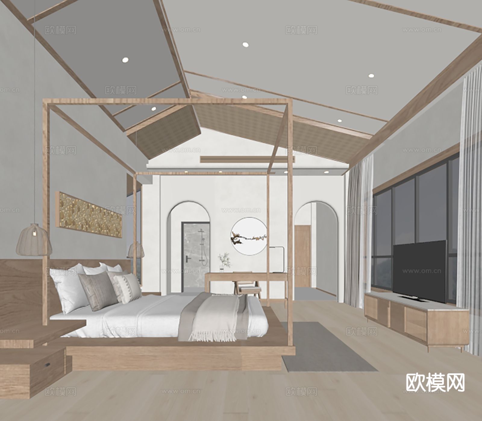 原木风民宿 客房su模型下载（渲染图1）