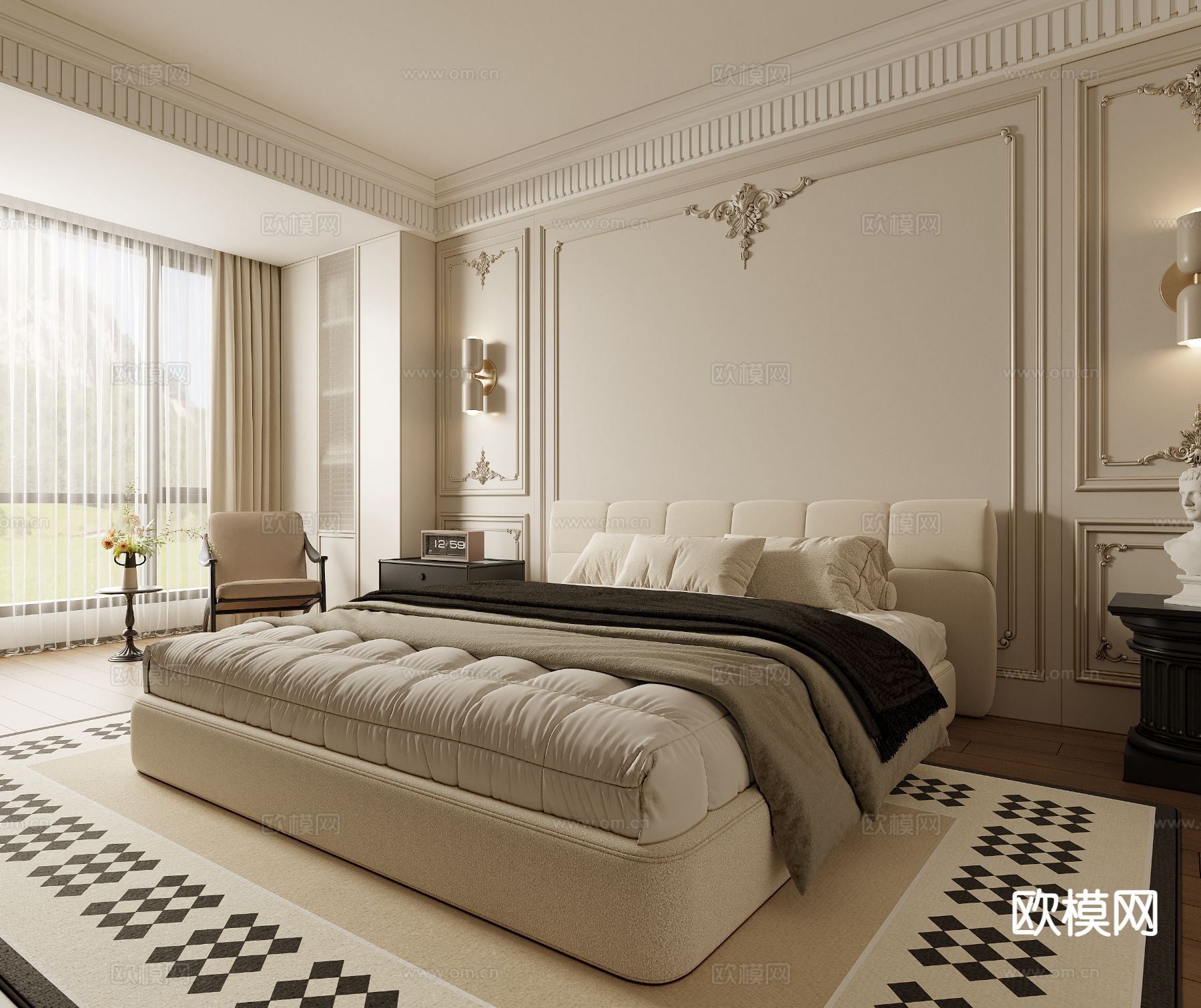 法式卧室 主卧3d模型下载（渲染图2）