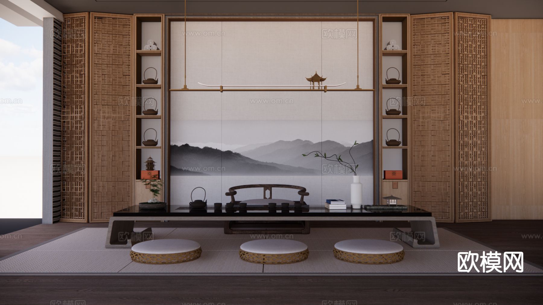 新中式茶台 茶桌椅su模型下载（渲染图2）