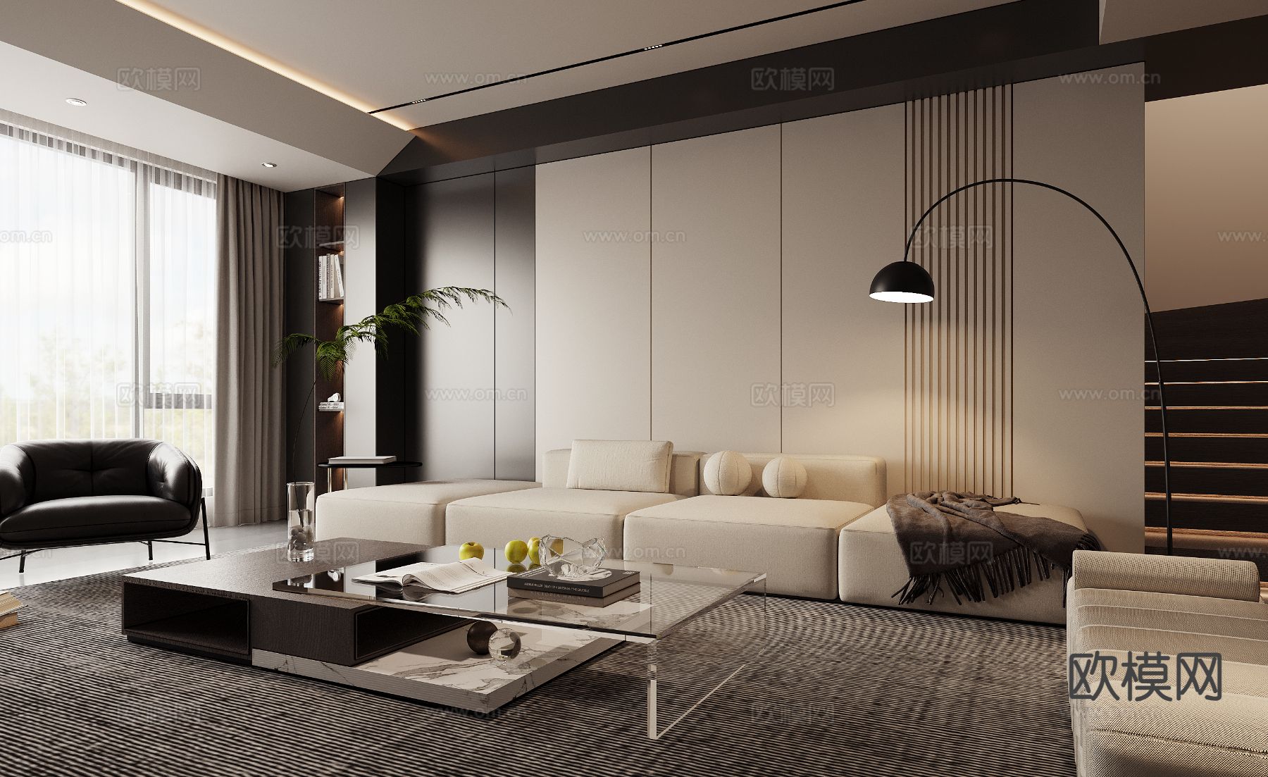 高级灰客厅3d模型下载（渲染图2）