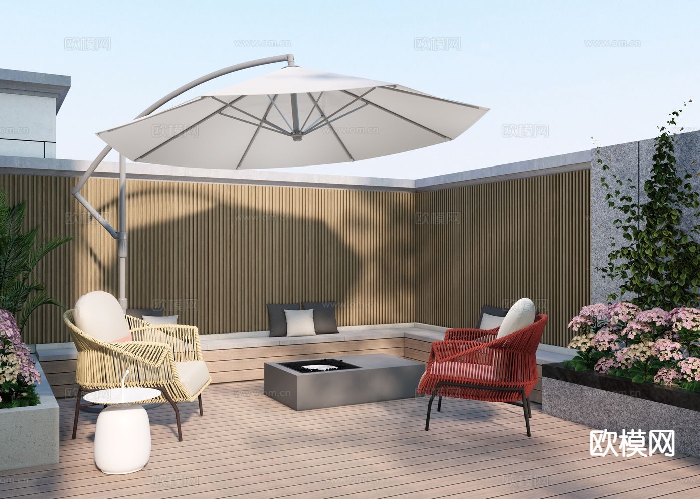 现代户外遮阳伞 户外休闲椅su模型下载（渲染图2）