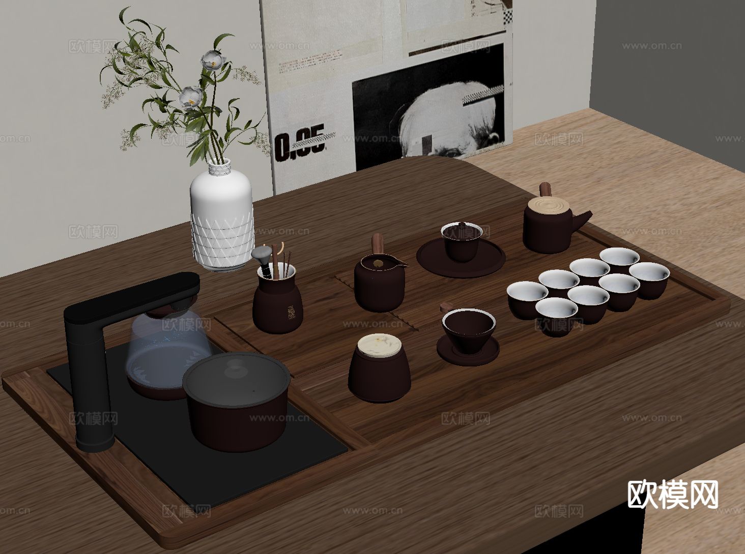 新中式茶具 茶杯 茶盘 茶壶su模型下载（渲染图1）
