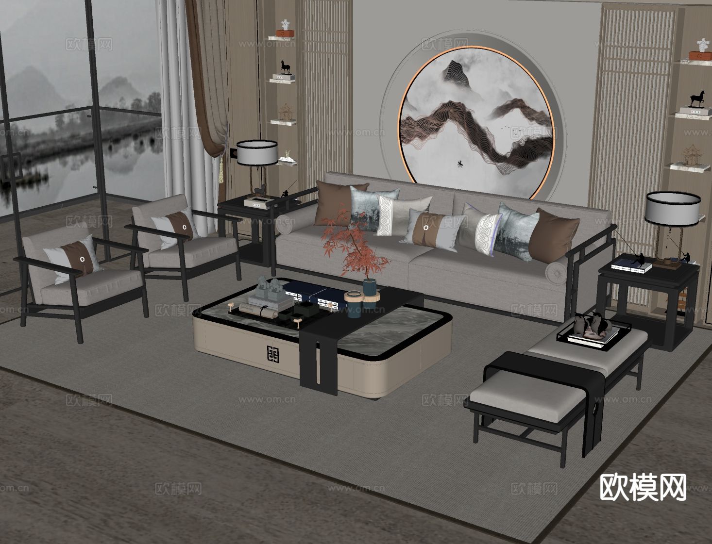 新中式组合沙发su模型下载（渲染图1）