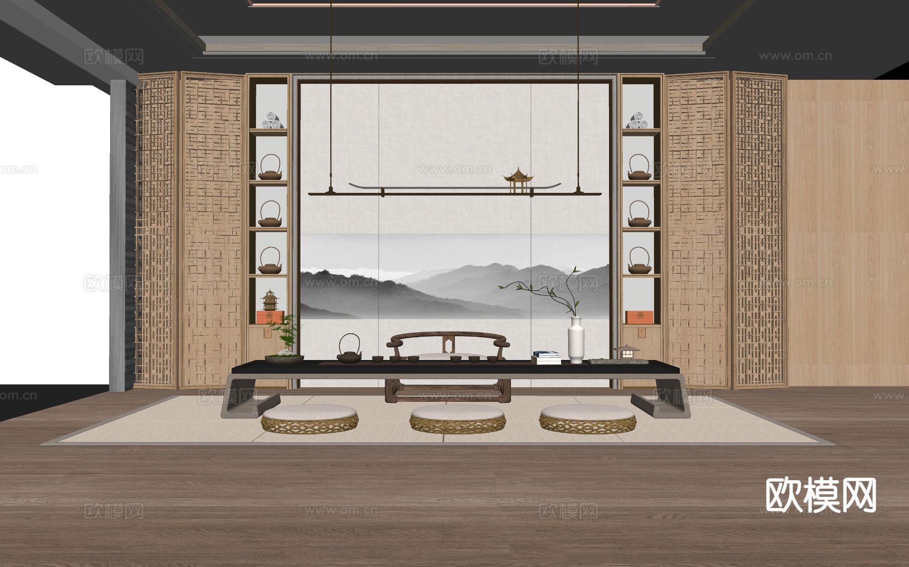 新中式茶台 茶桌椅su模型下载（渲染图1）