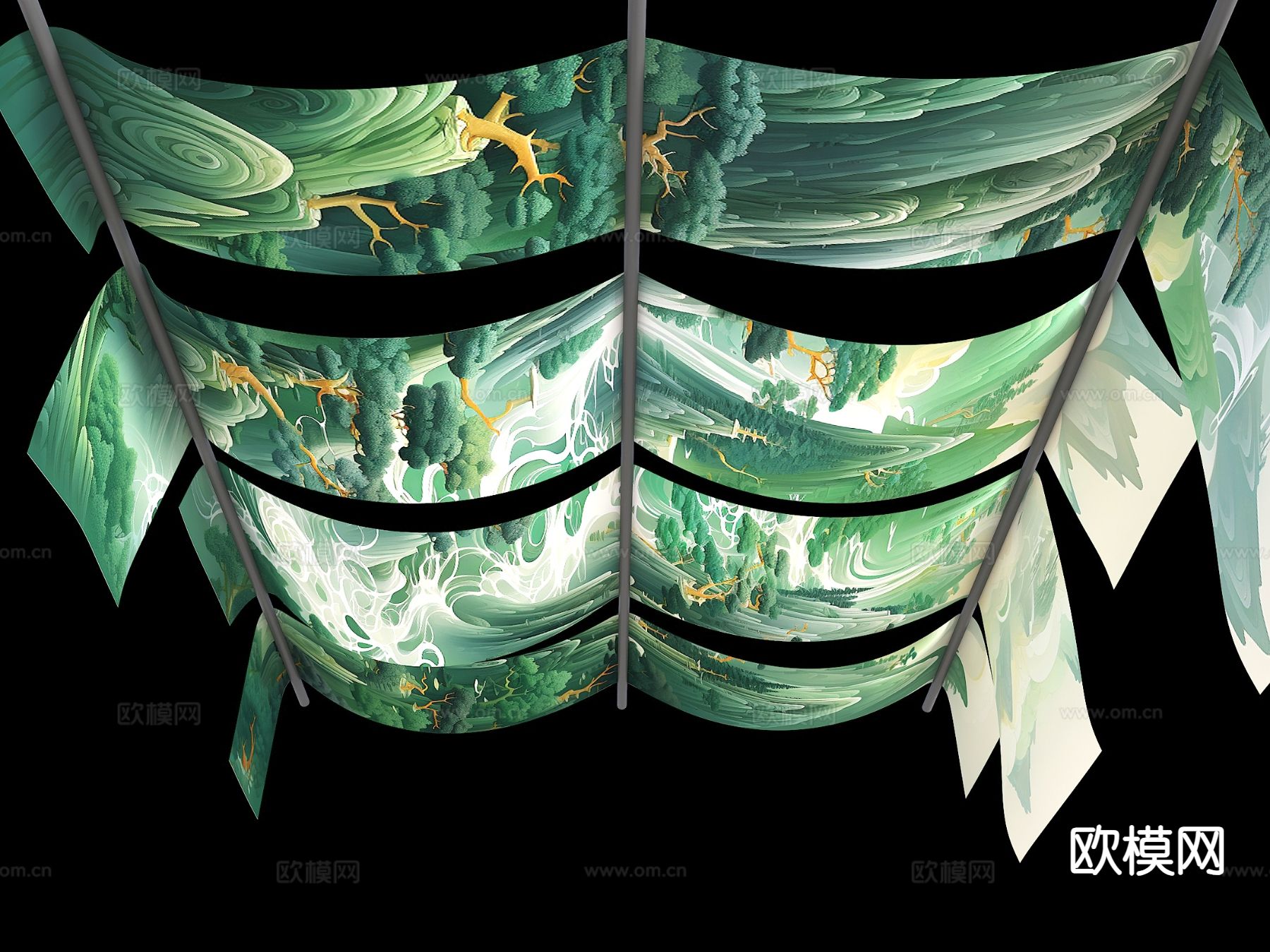 中式帷幔吊顶 山水画帷幔su模型