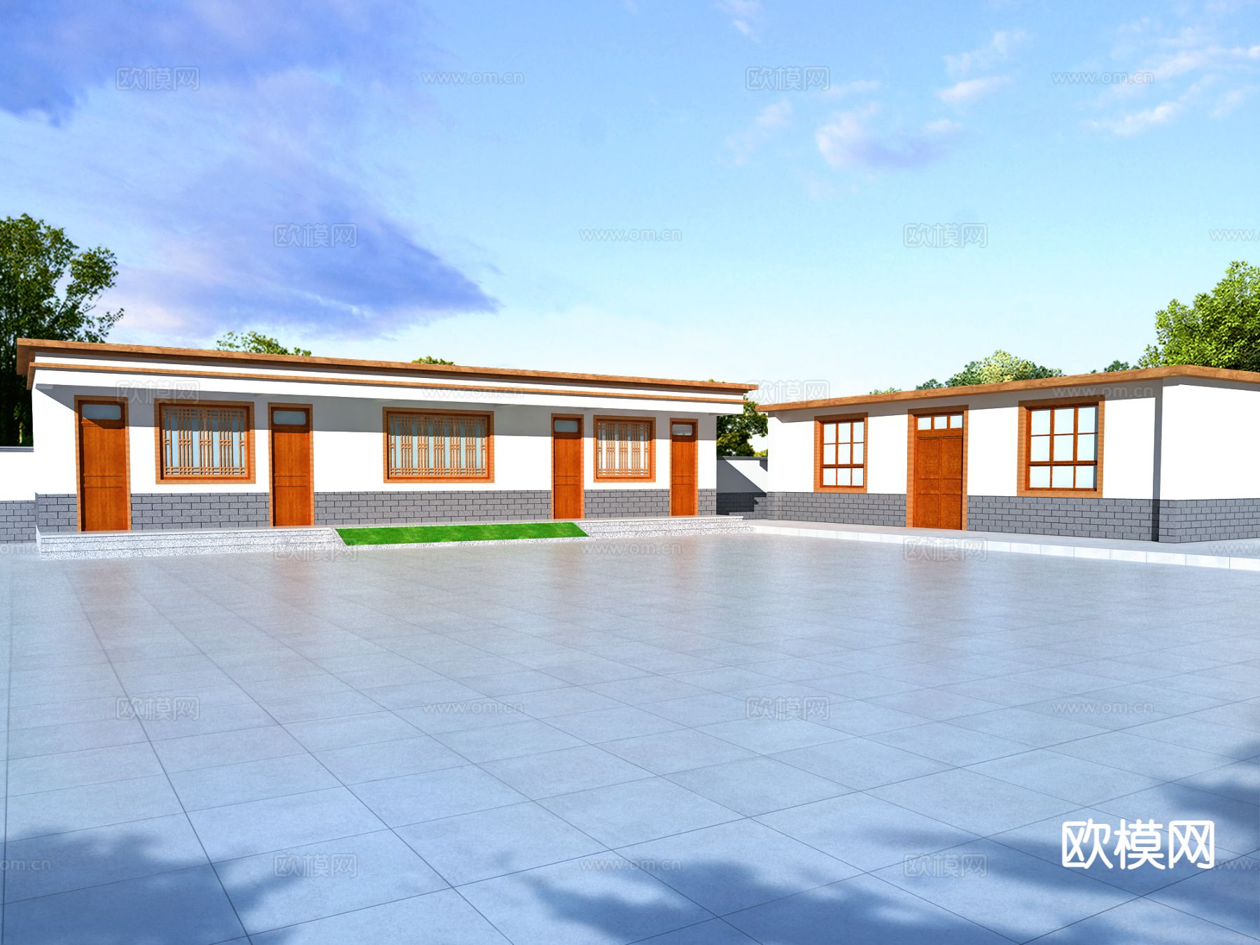 新中式 党群服务中心 村级活动楼外观3d模型下载（渲染图1）