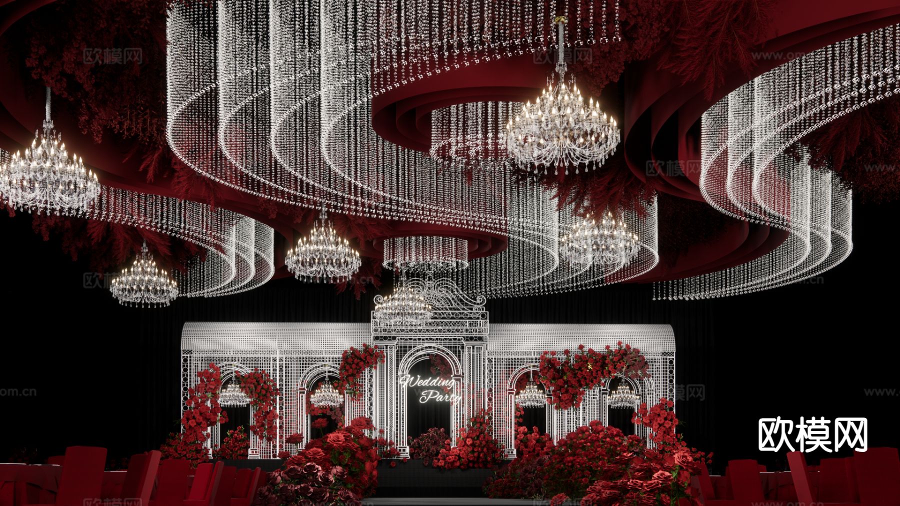红色布幔美陈 吊顶婚礼su模型下载（渲染图3）