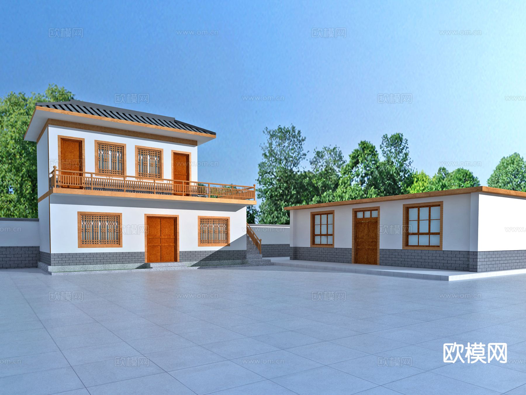 新中式 党群服务中心 村级活动楼外观3d模型下载（渲染图2）