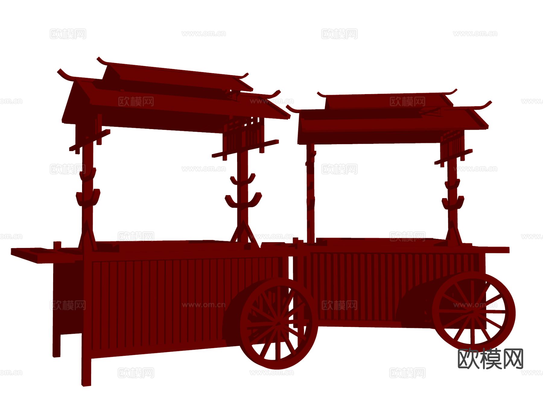 新中式花车 商业摊位 售卖摊 移动推车su模型