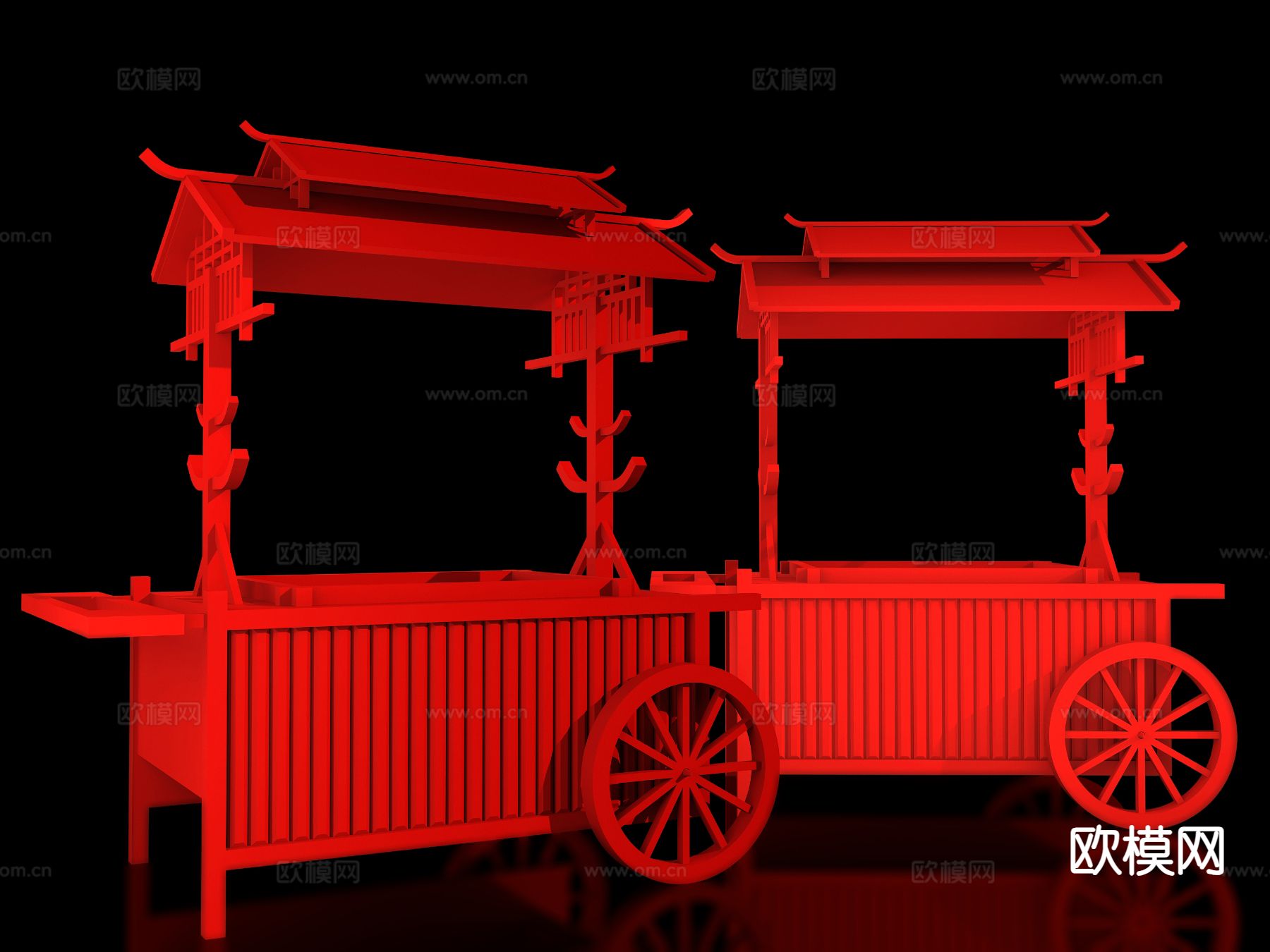 新中式花车 商业摊位 售卖摊 移动推车su模型