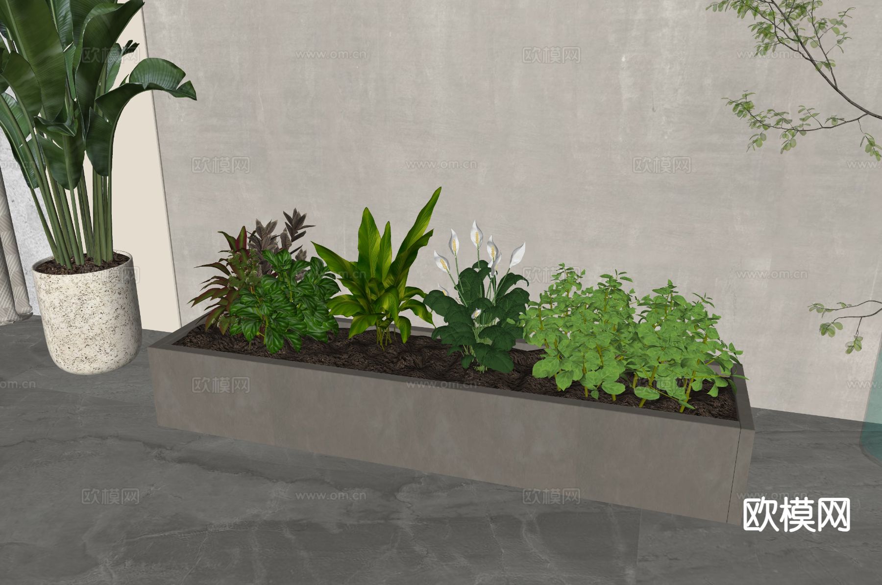 植物花箱 花槽 花钵 植物堆su模型下载（渲染图1）