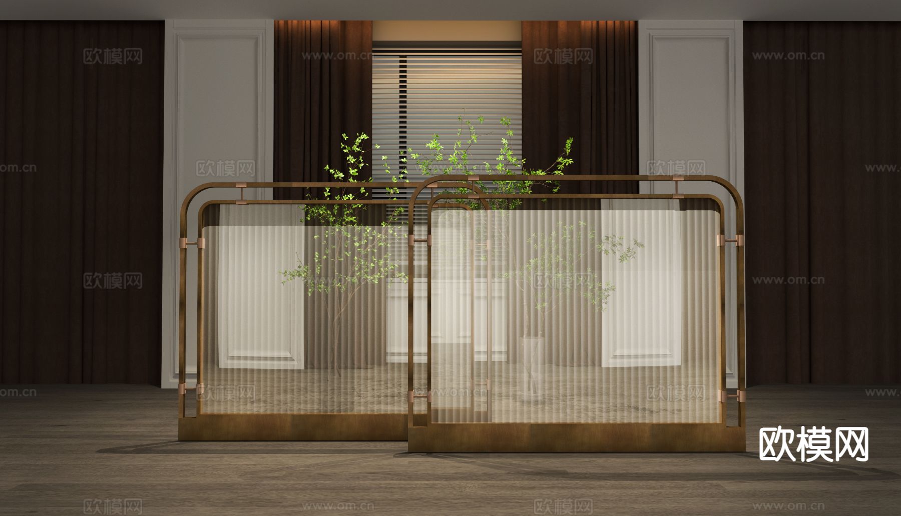 轻奢屏风 玻璃砖隔断su模型下载（渲染图2）