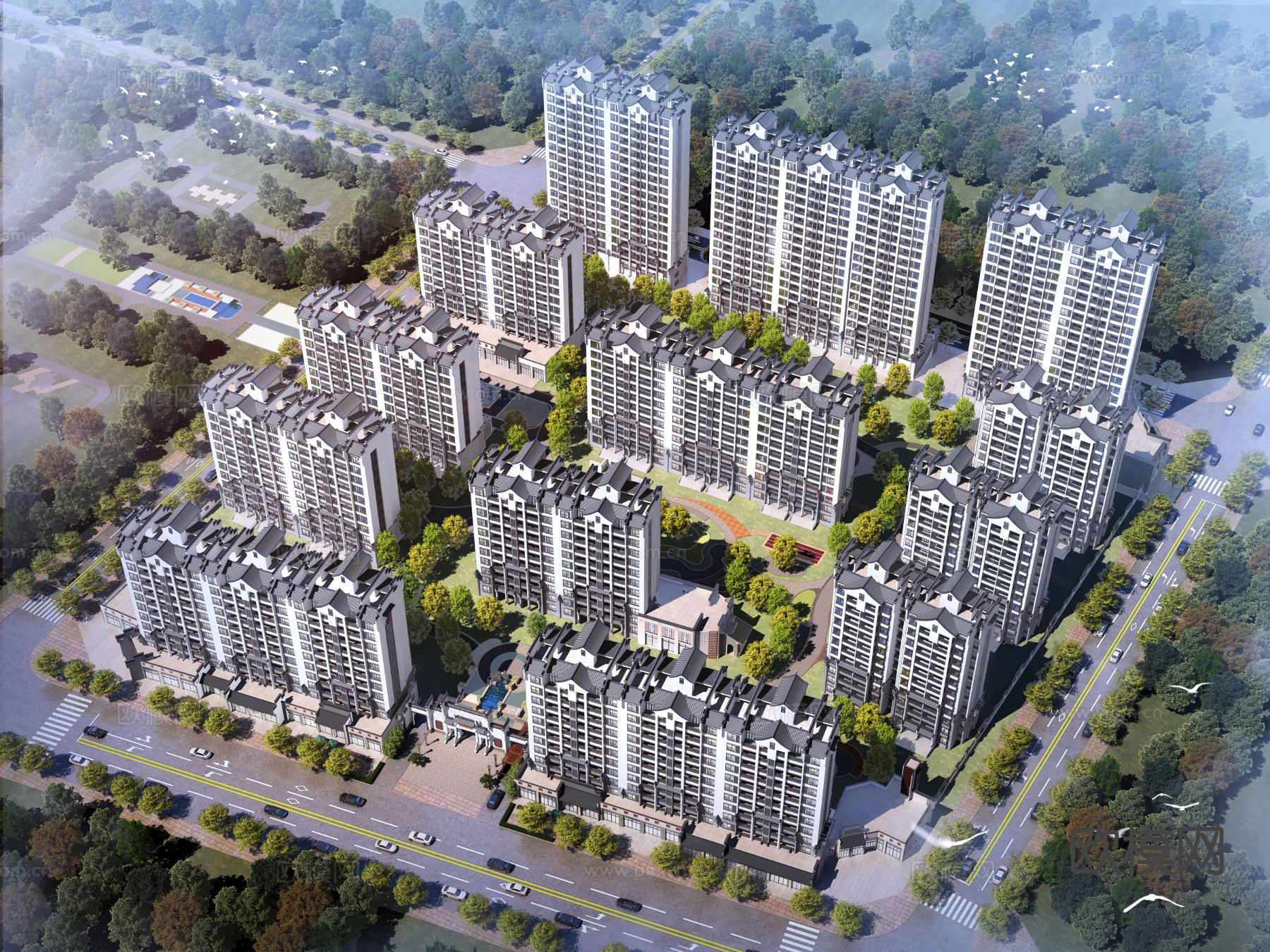 中式徽派住宅区鸟瞰3d模型下载