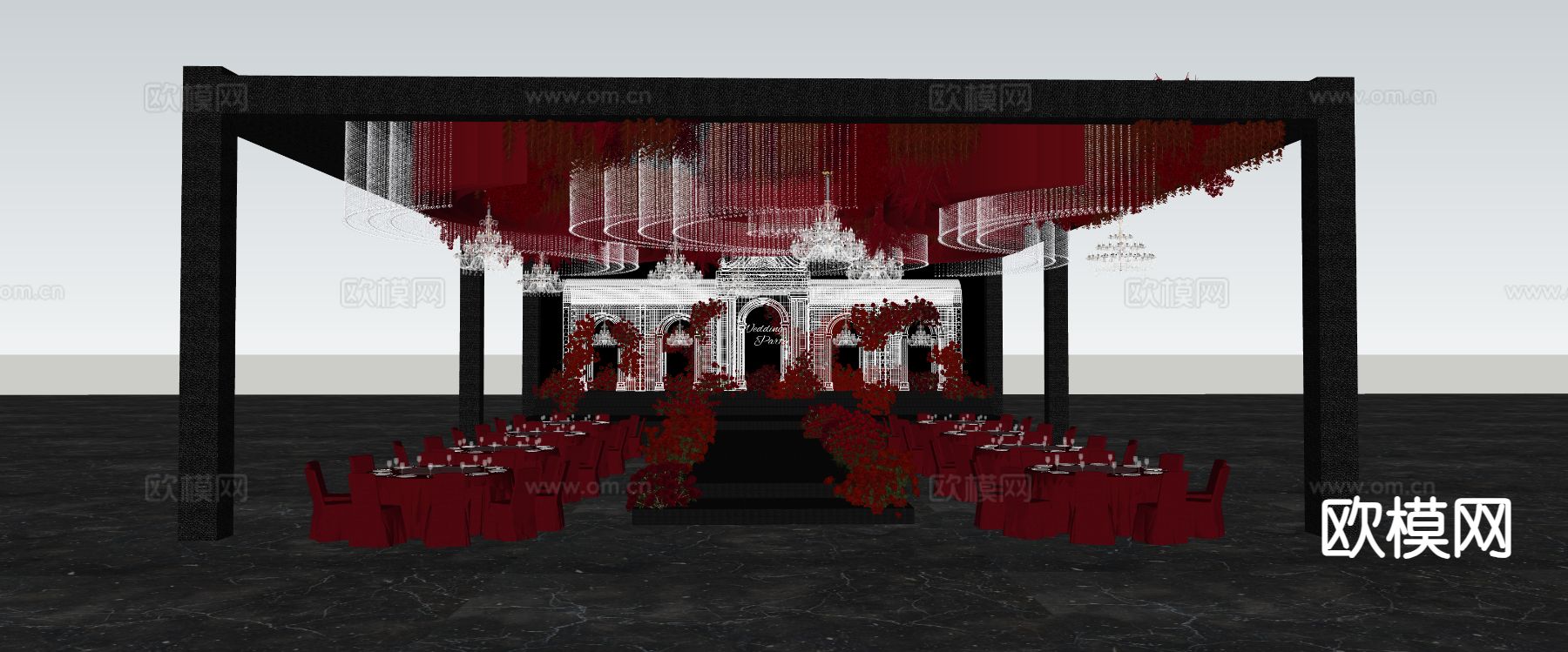 红色布幔美陈 吊顶婚礼su模型下载（渲染图1）