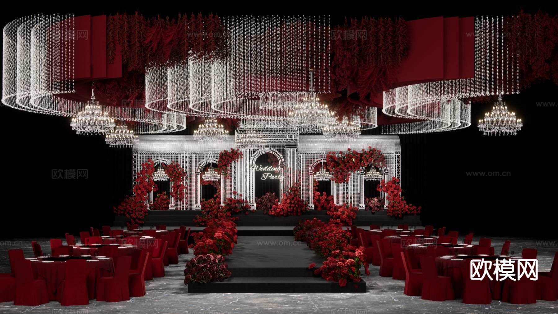 红色布幔美陈 吊顶婚礼su模型下载（渲染图5）