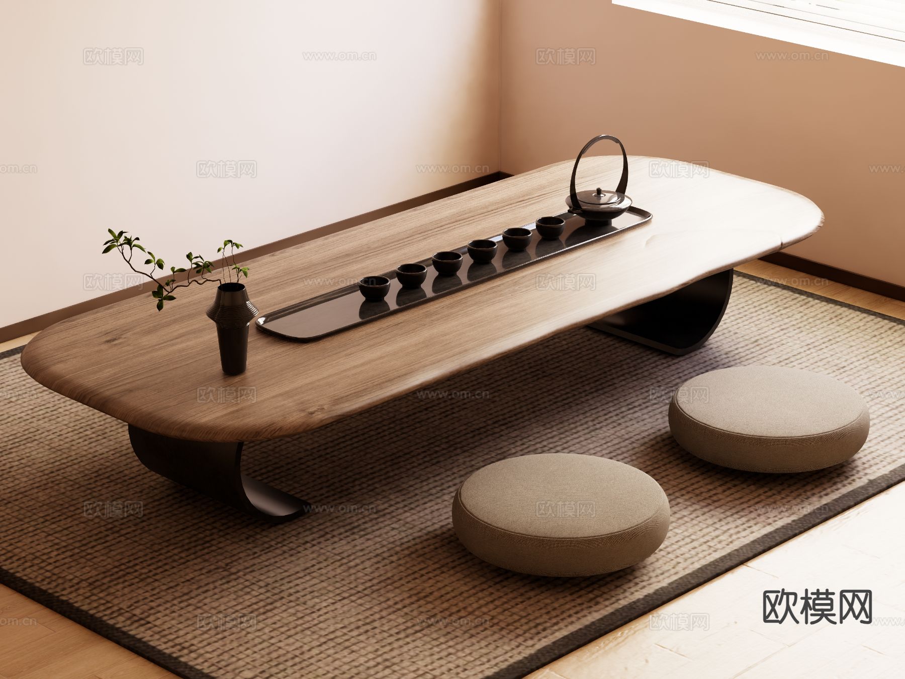 中式茶桌 榻榻米茶台su模型下载（渲染图2）