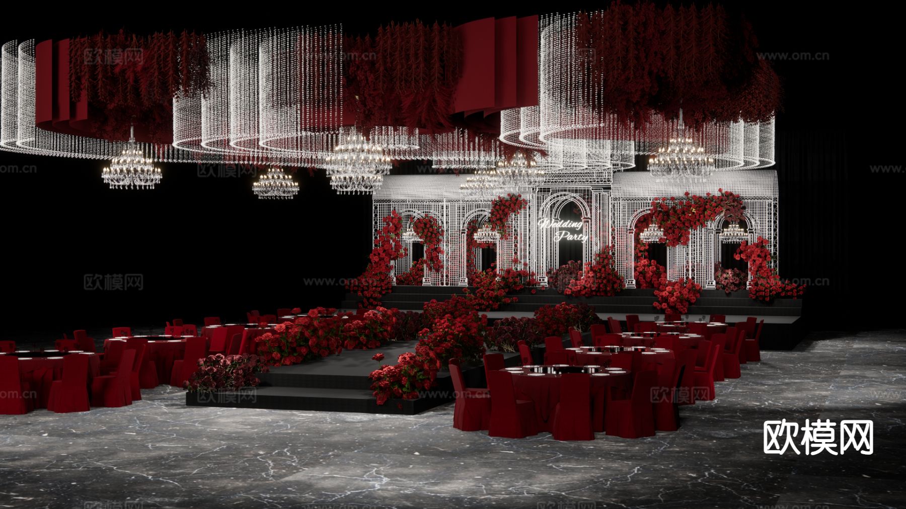 红色布幔美陈 吊顶婚礼su模型下载（渲染图4）