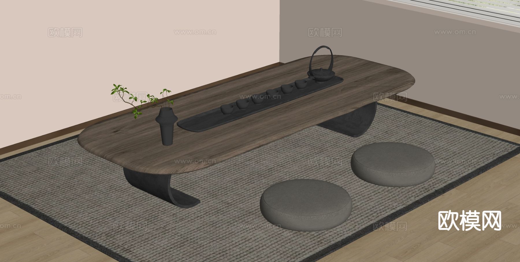 中式茶桌 榻榻米茶台su模型下载（渲染图1）