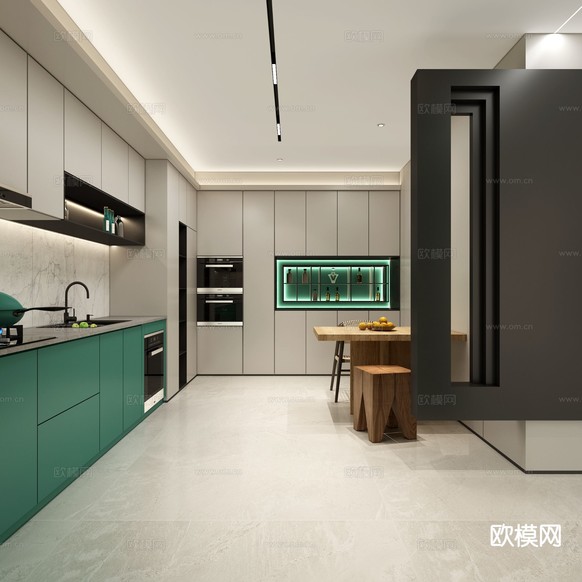 现代开放式厨房 橱柜3d模型下载(渲染图1)