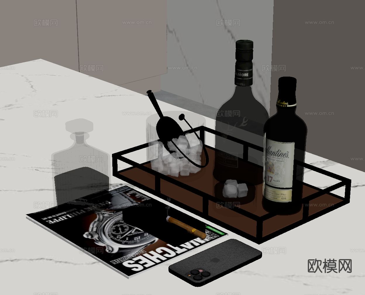 洋酒 酒水 酒杯 酒瓶 冰块su模型下载（渲染图1）