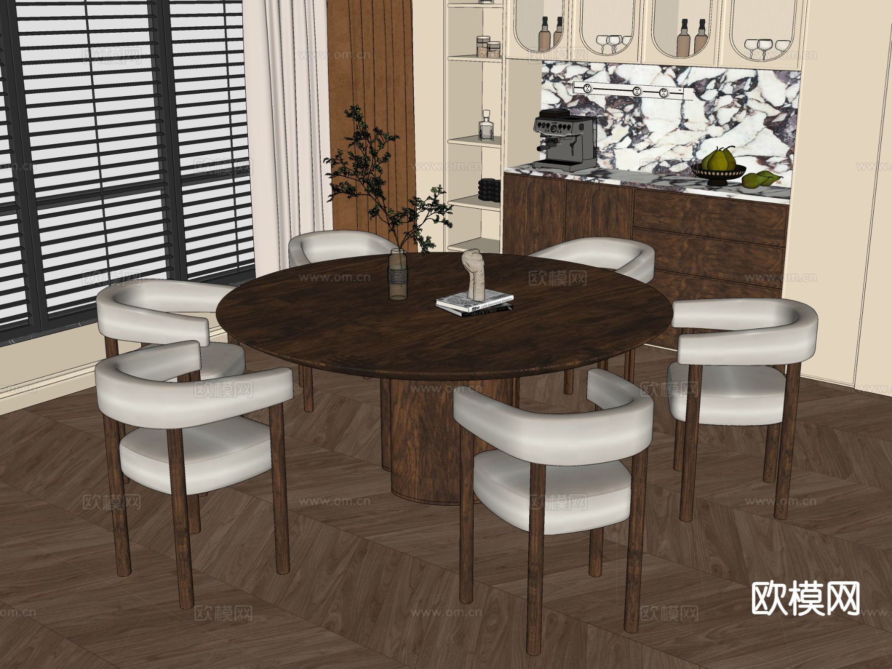 中古风圆餐桌 餐桌椅su模型