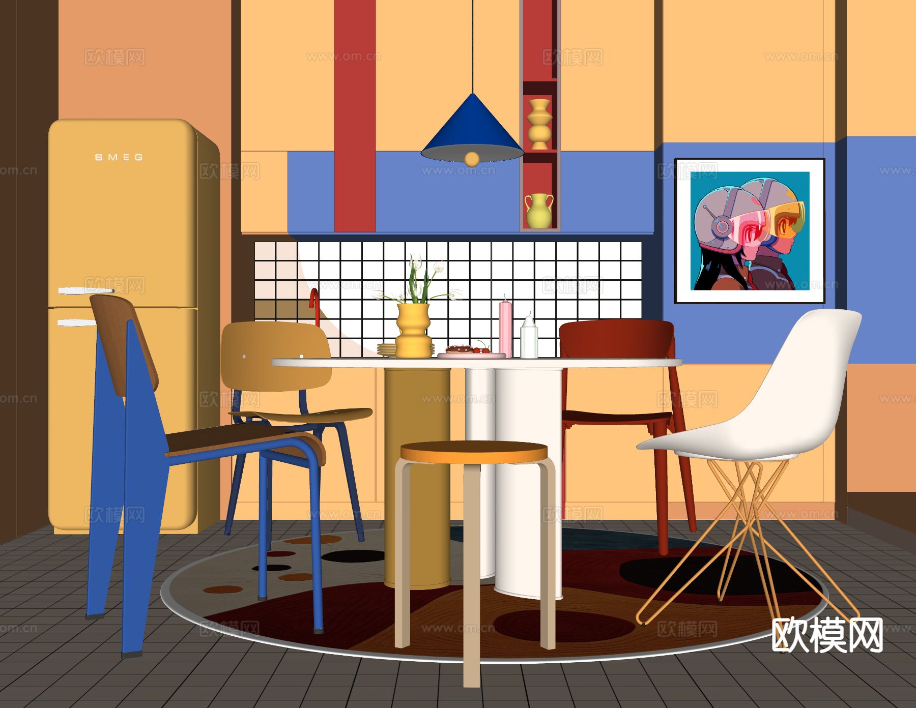 孟菲斯餐桌椅 圆餐桌su模型下载（渲染图1）