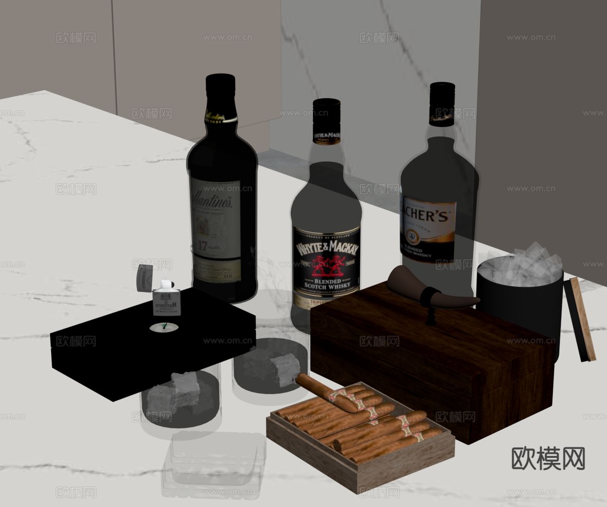 洋酒 酒水 酒杯 酒瓶 雪茄su模型下载（渲染图1）