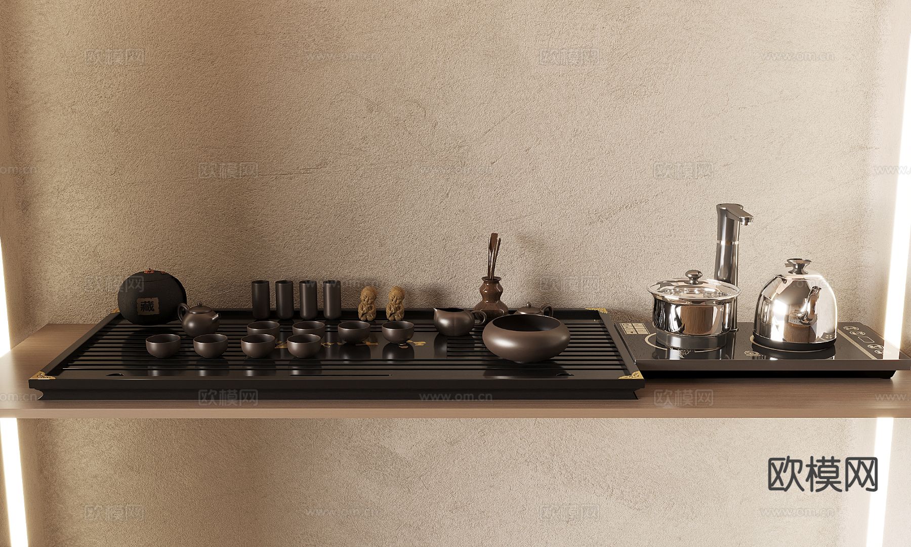 中式茶具 茶壶 茶杯 烧水壶su模型下载（渲染图2）