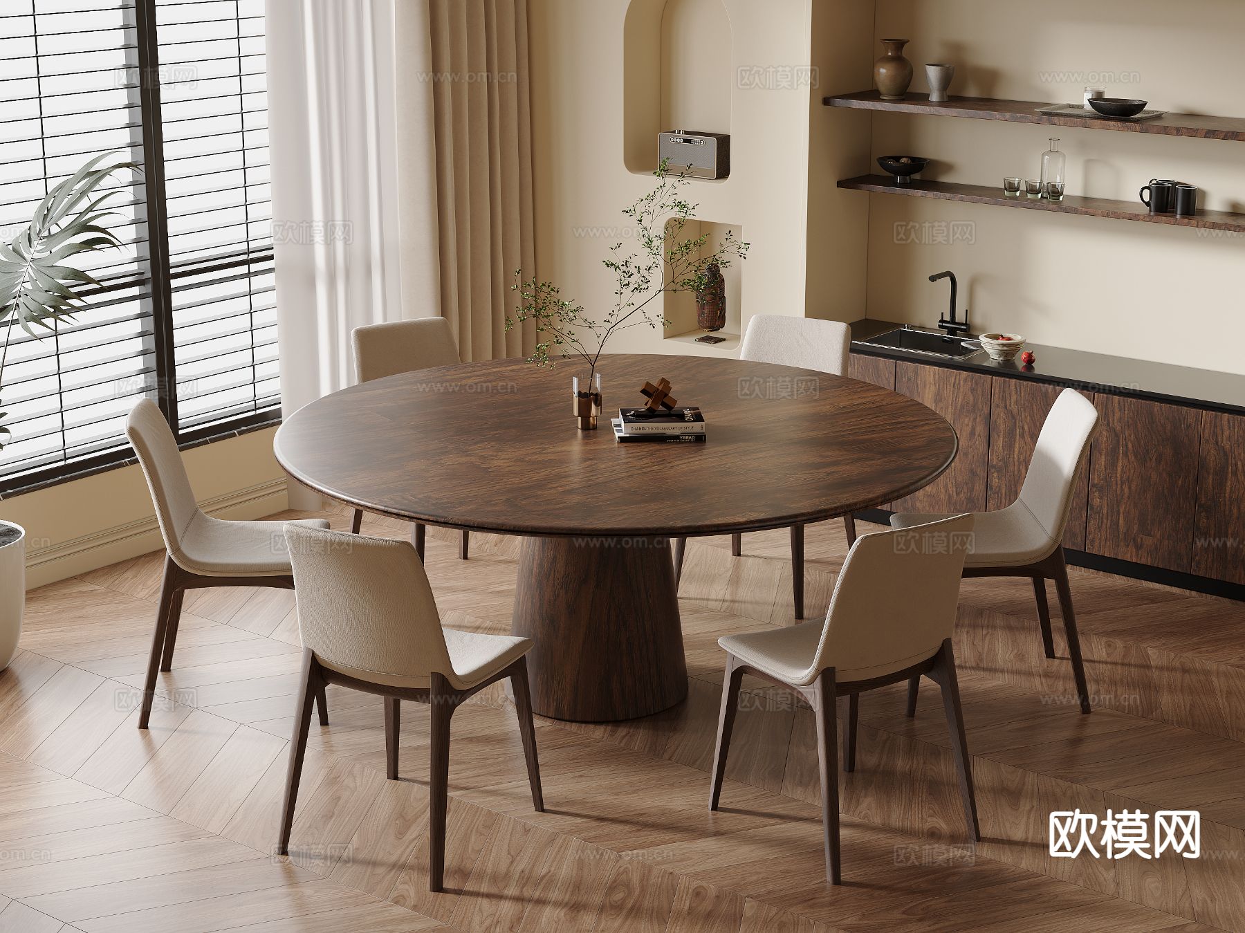 侘寂圆餐桌 餐桌椅su模型