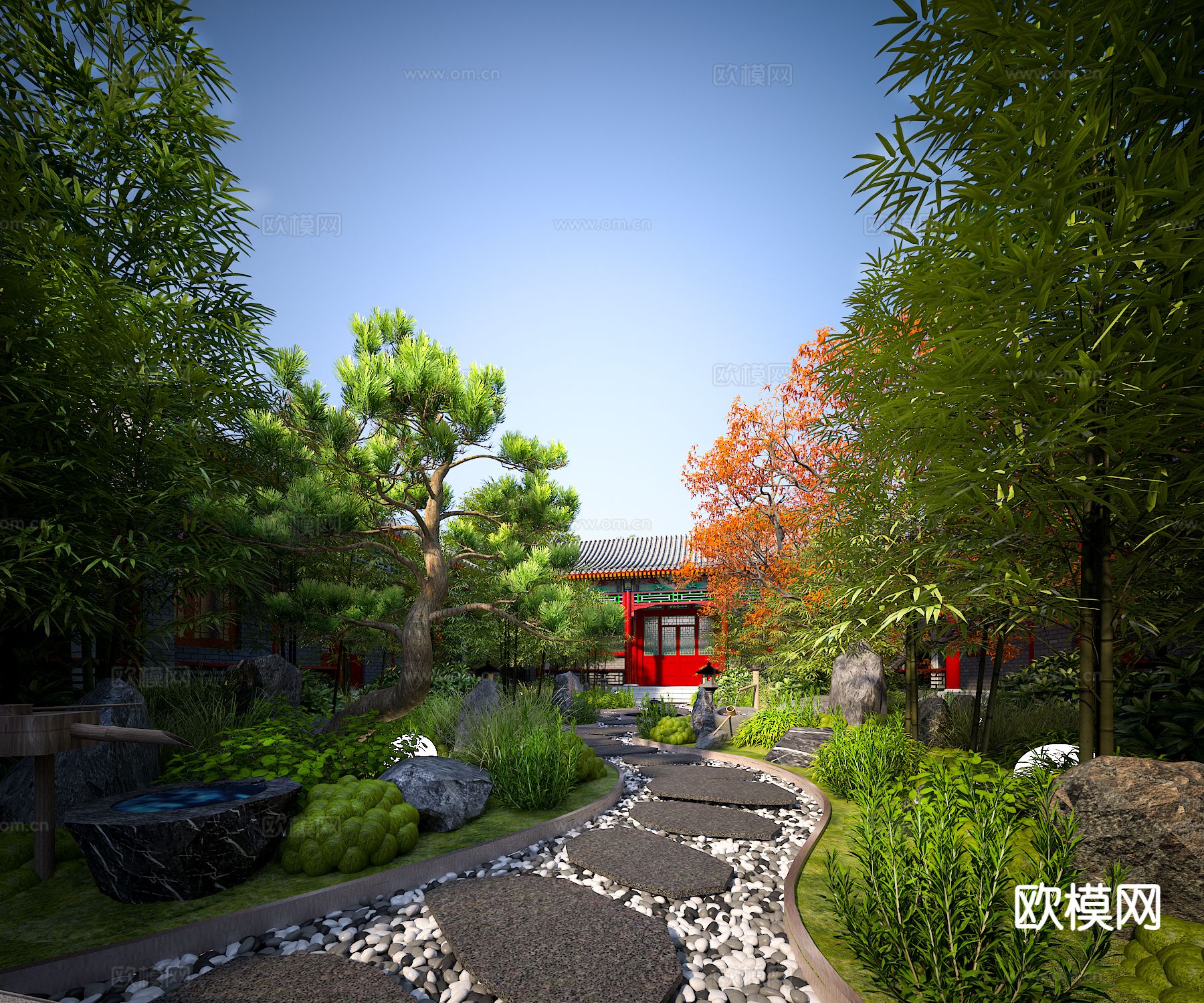中式 四合院庭院 花园3d模型下载（渲染图2）