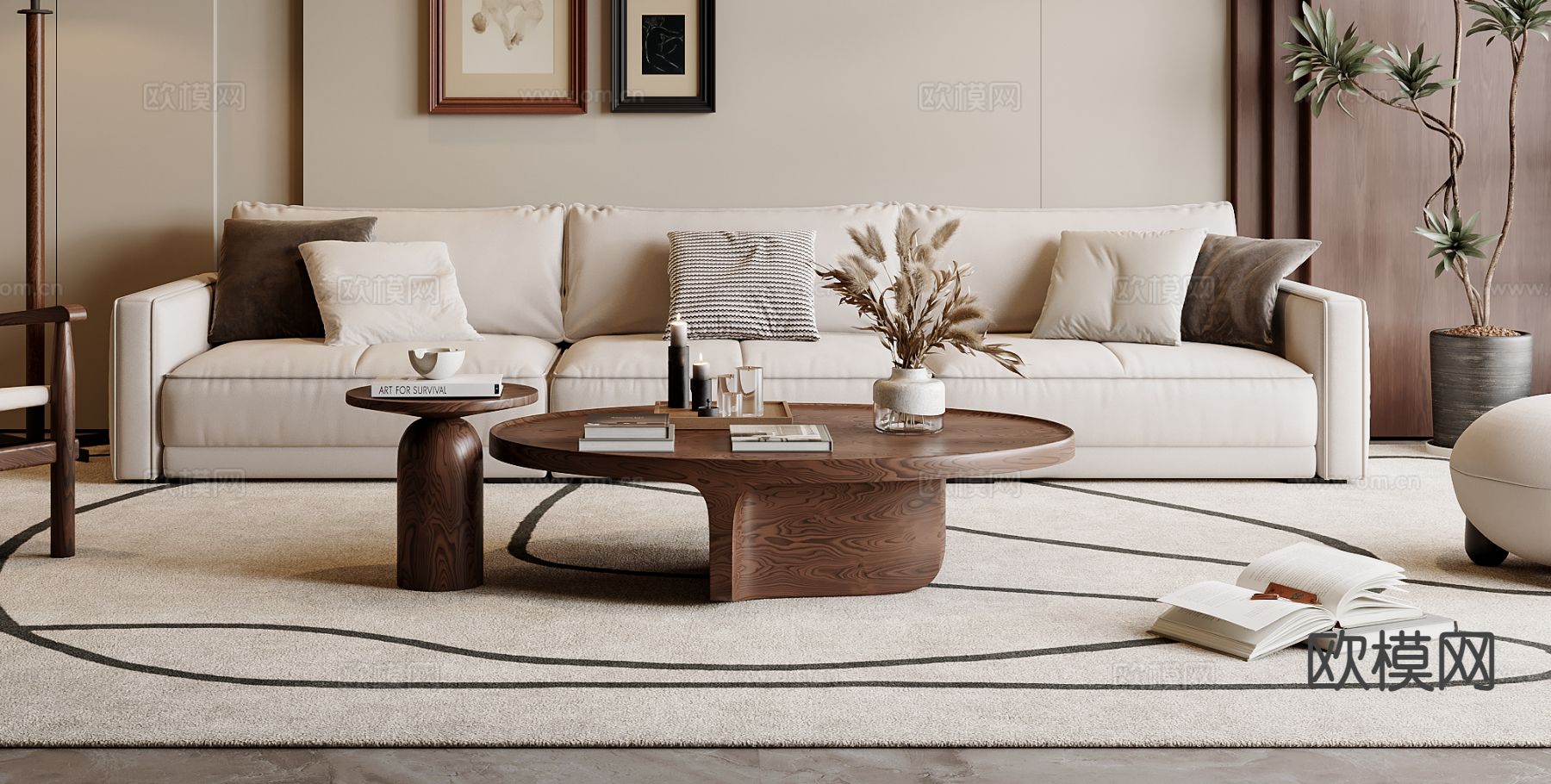 中古风组合沙发su模型下载（渲染图2）