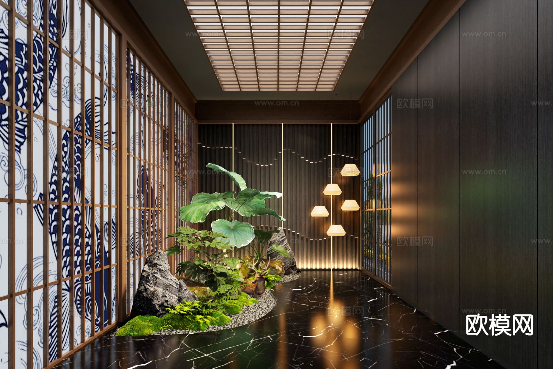 新中式走廊 景观过道3d模型下载