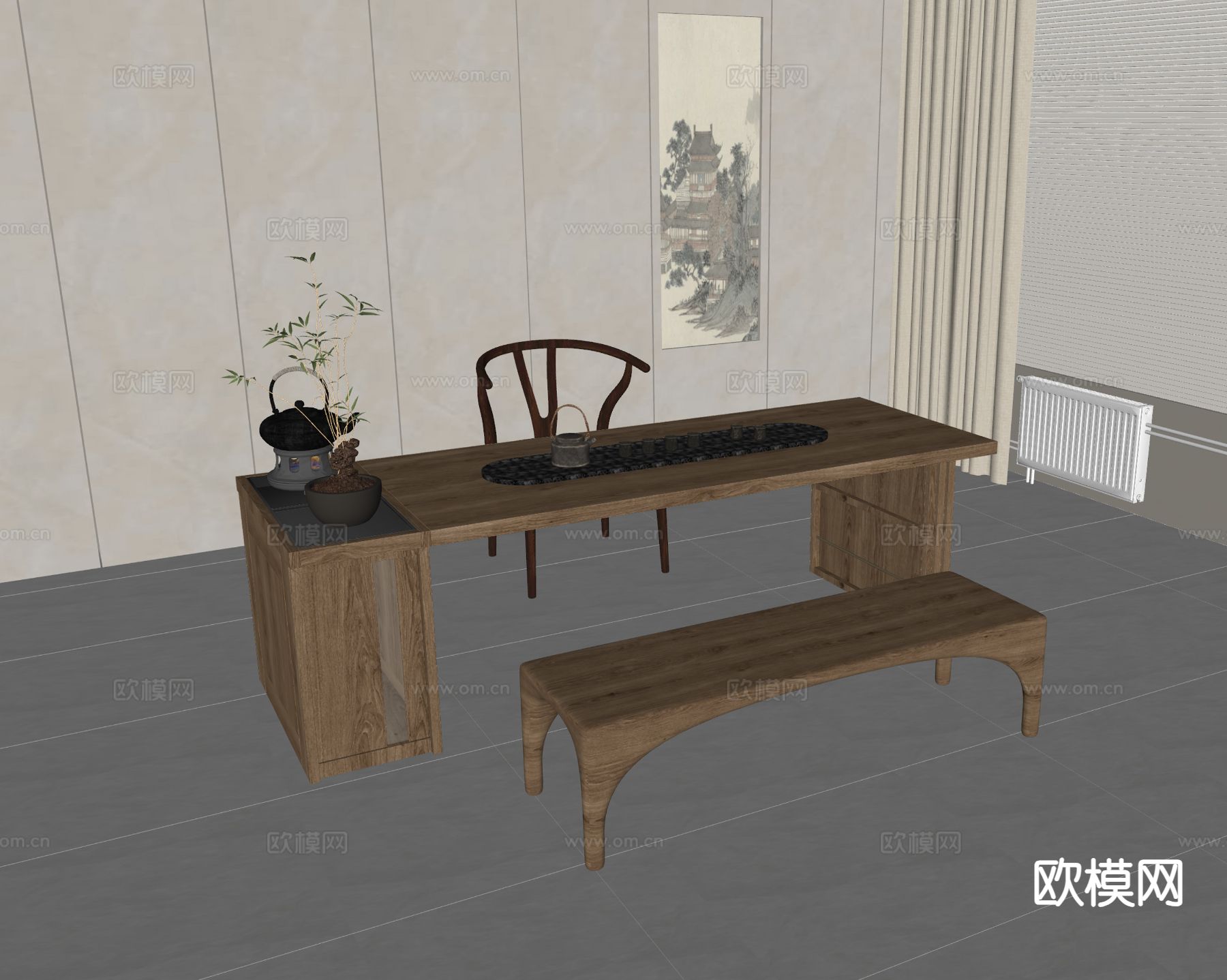新中式茶台 茶桌椅su模型下载（渲染图1）
