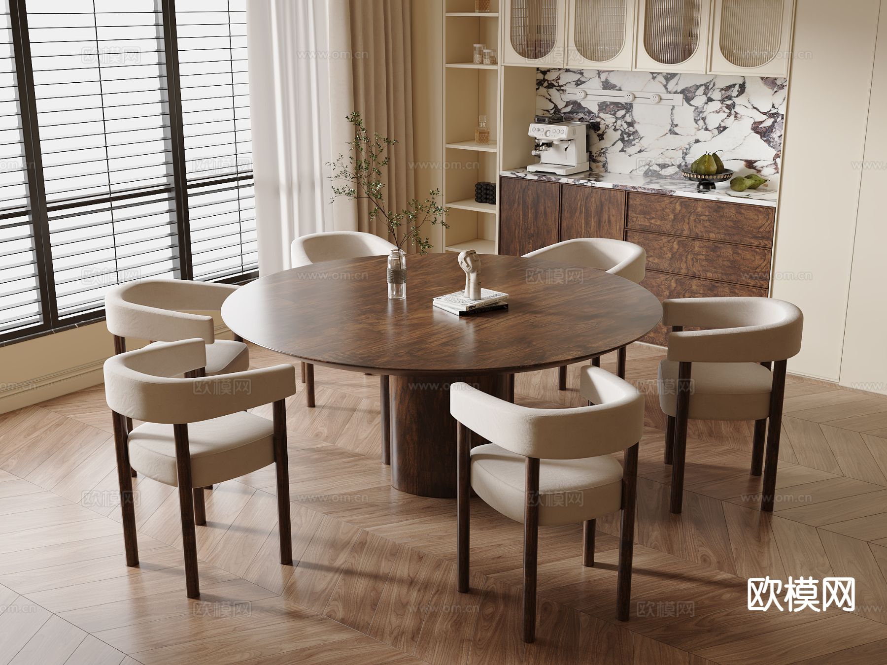 中古风圆餐桌 餐桌椅su模型