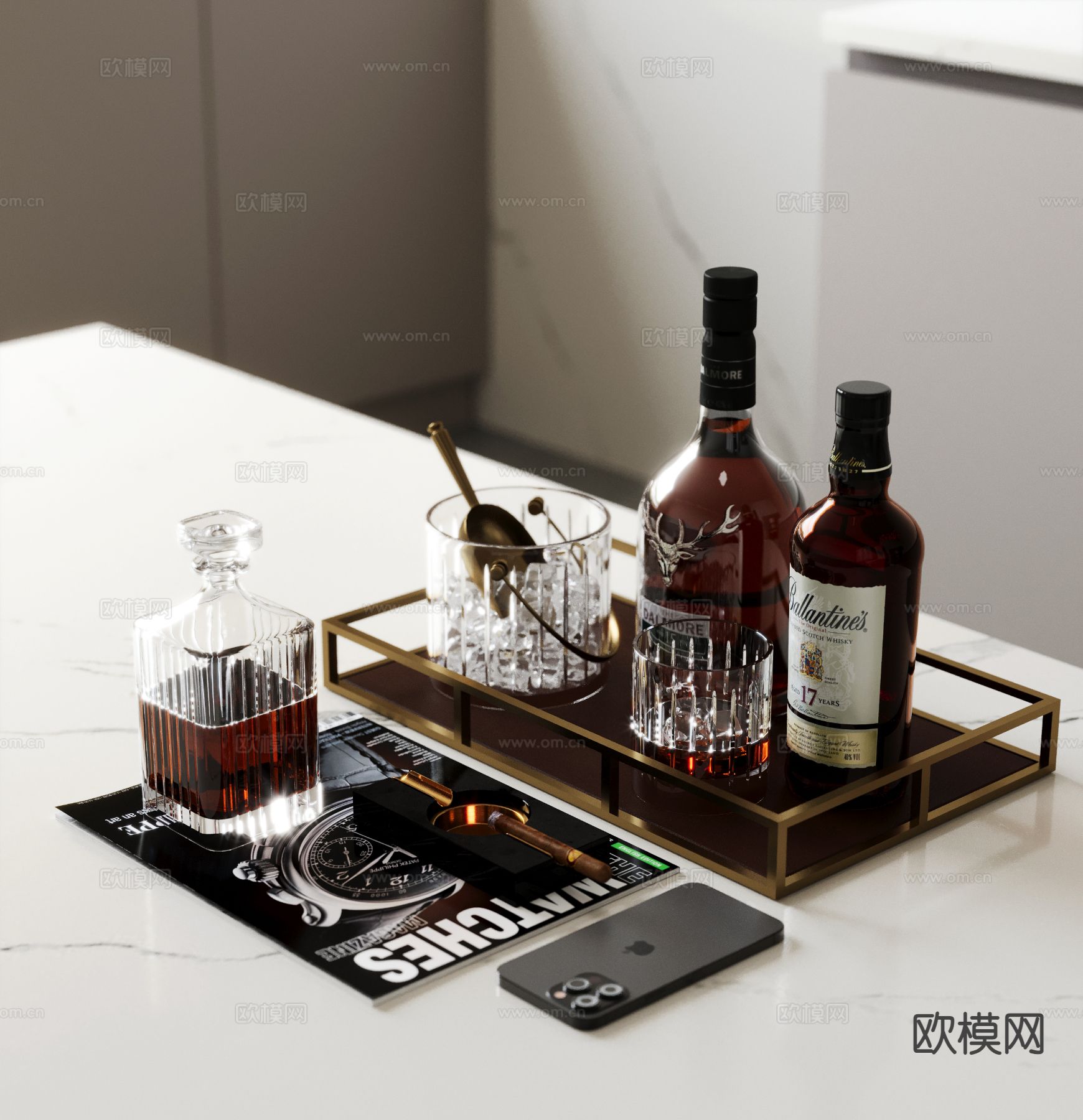 洋酒 酒水 酒杯 酒瓶 冰块su模型下载（渲染图2）
