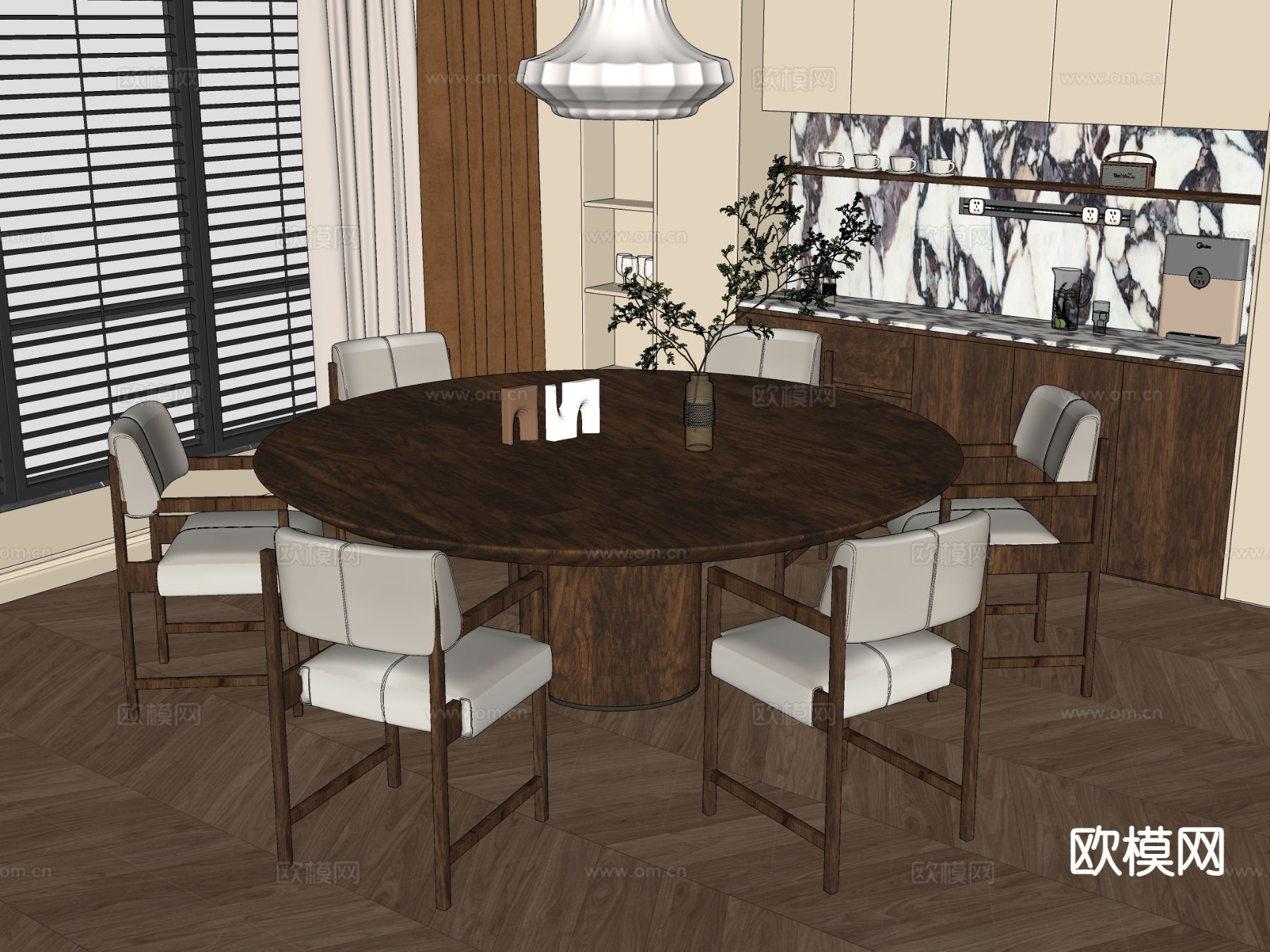 中古风圆桌 餐桌椅su模型