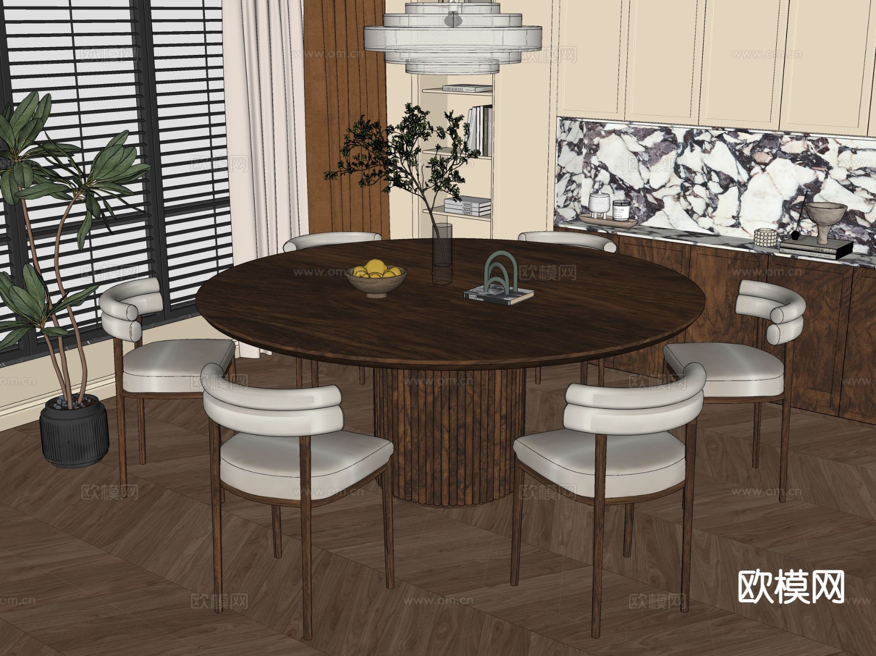 侘寂圆桌 餐桌椅su模型