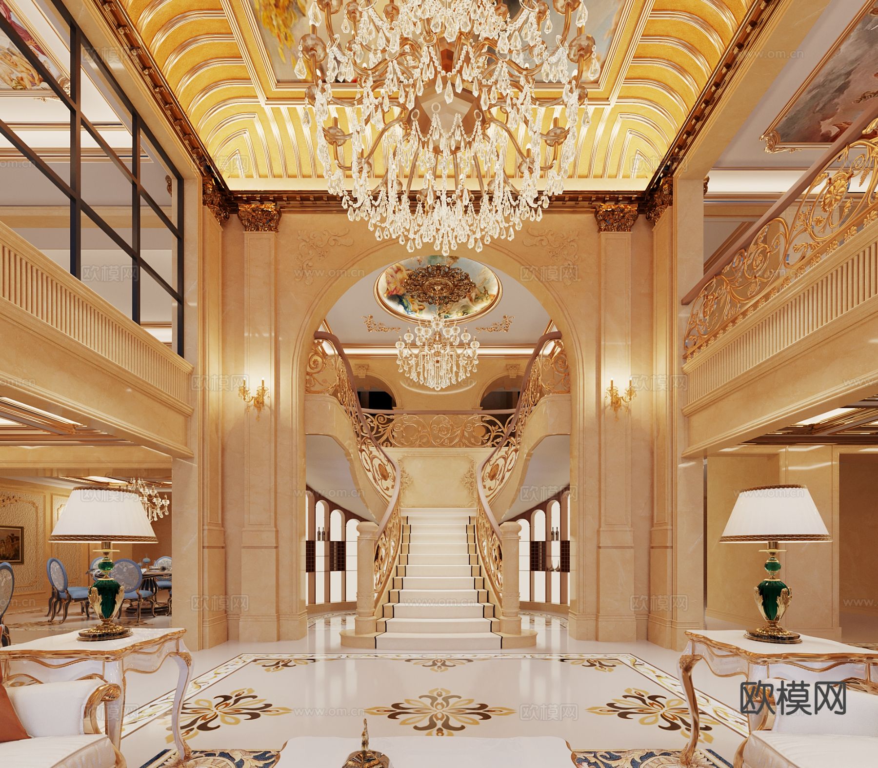 欧式古典客厅 别墅大堂3d模型下载（渲染图3）