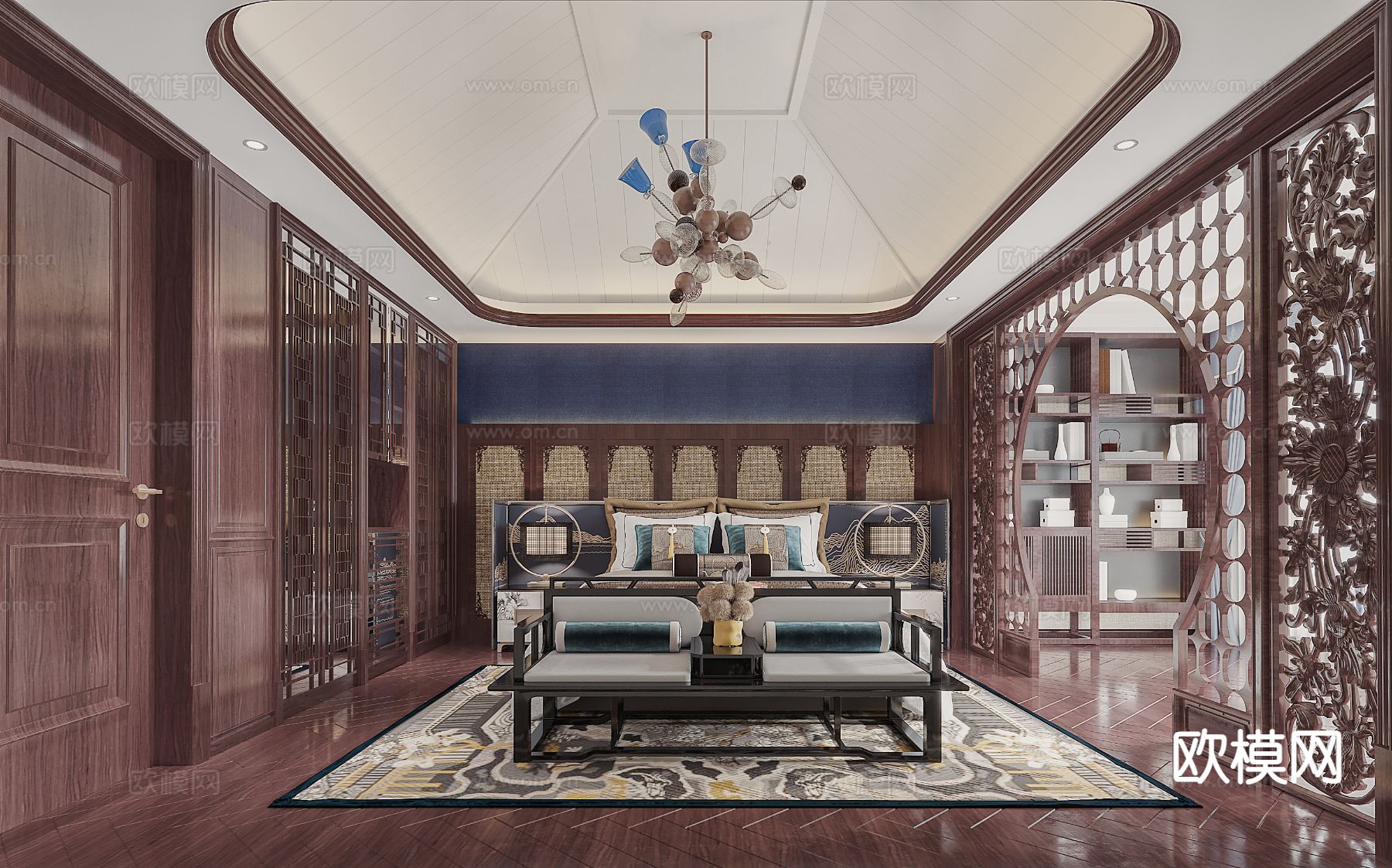 中式卧室 主卧3d模型下载（渲染图2）