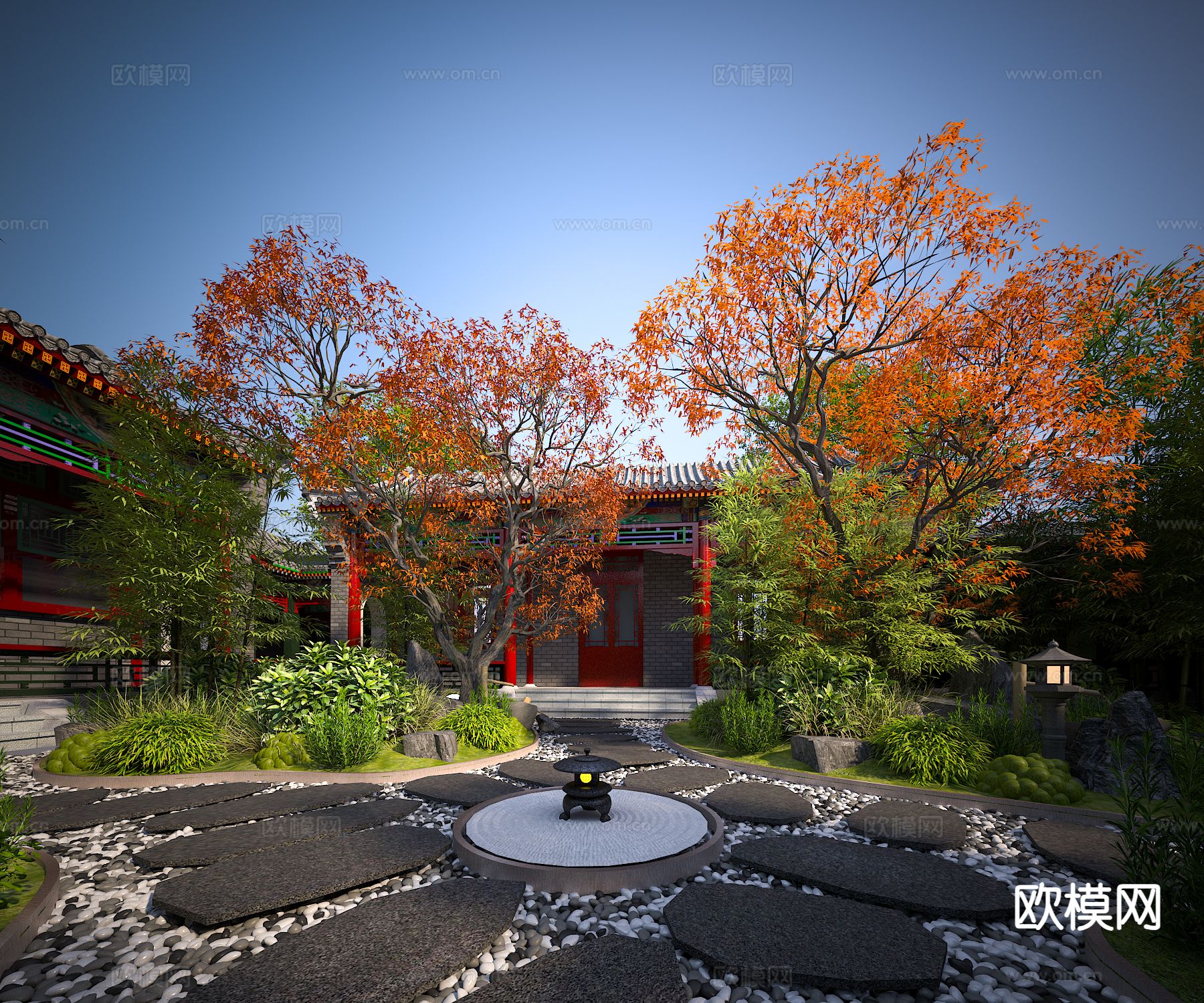 中式 四合院庭院 花园3d模型下载（渲染图1）