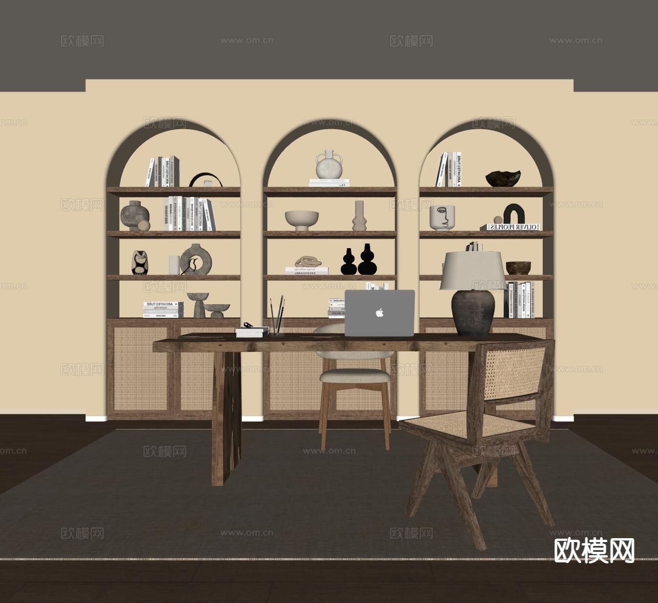 侘寂书桌椅 书柜su模型下载（渲染图1）
