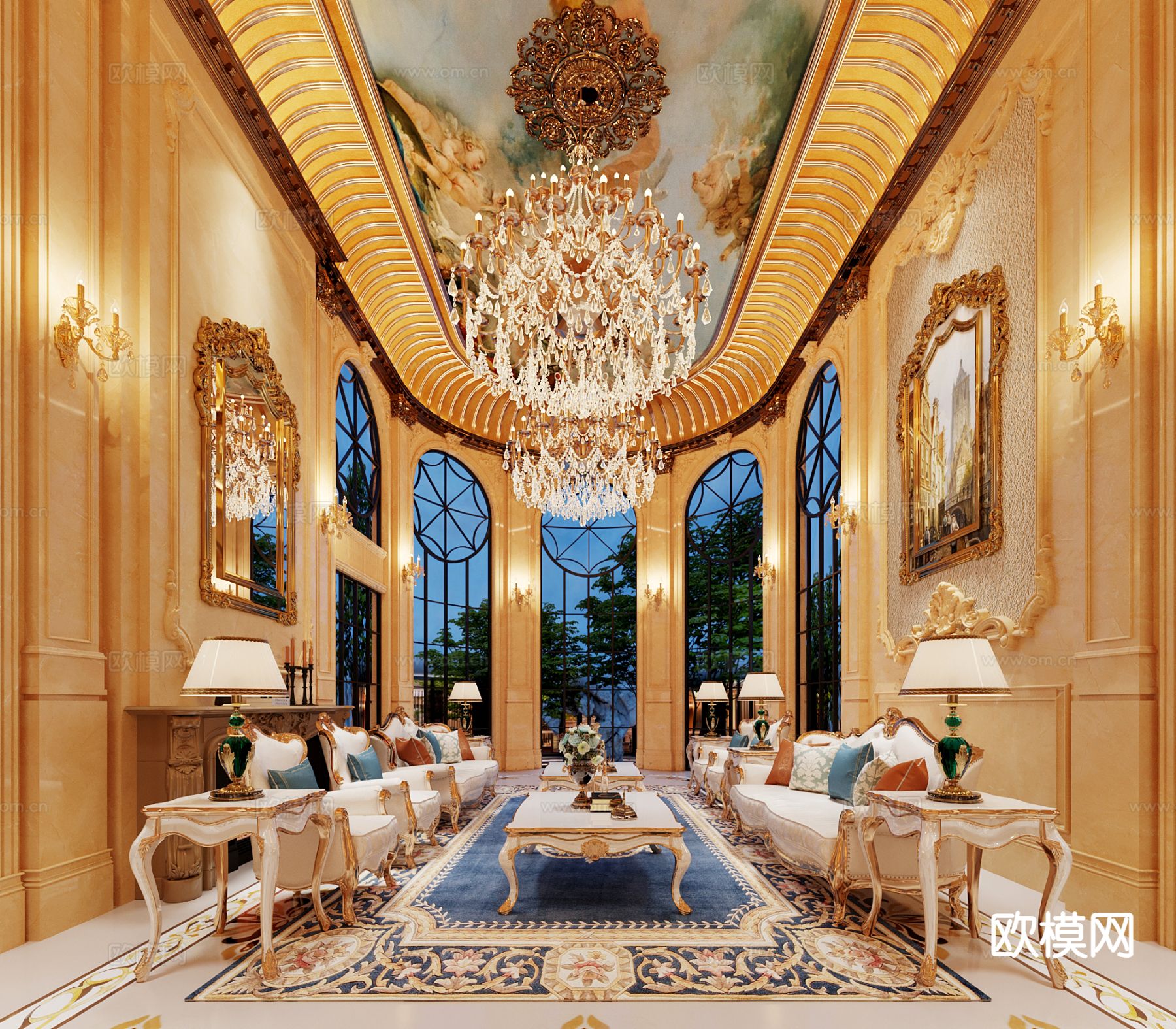 欧式古典客厅 别墅大堂3d模型下载（渲染图1）