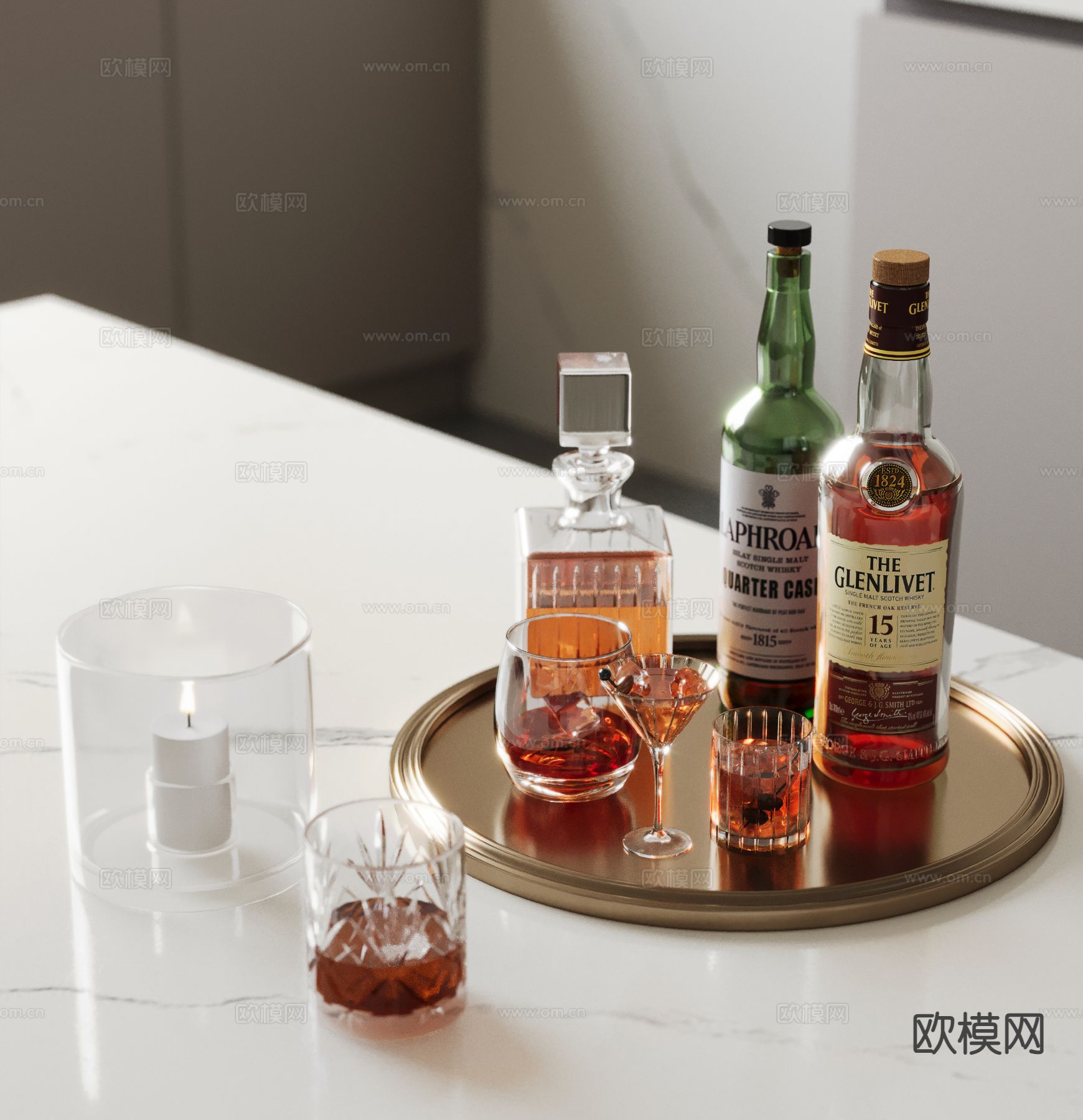 洋酒 酒水 酒杯 酒瓶su模型下载（渲染图2）