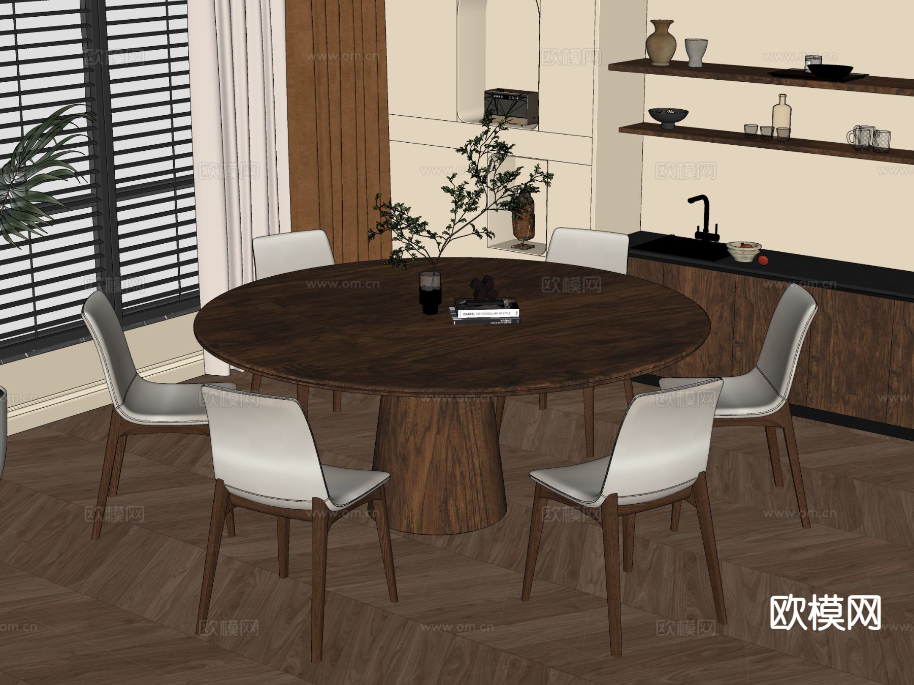 侘寂圆餐桌 餐桌椅su模型