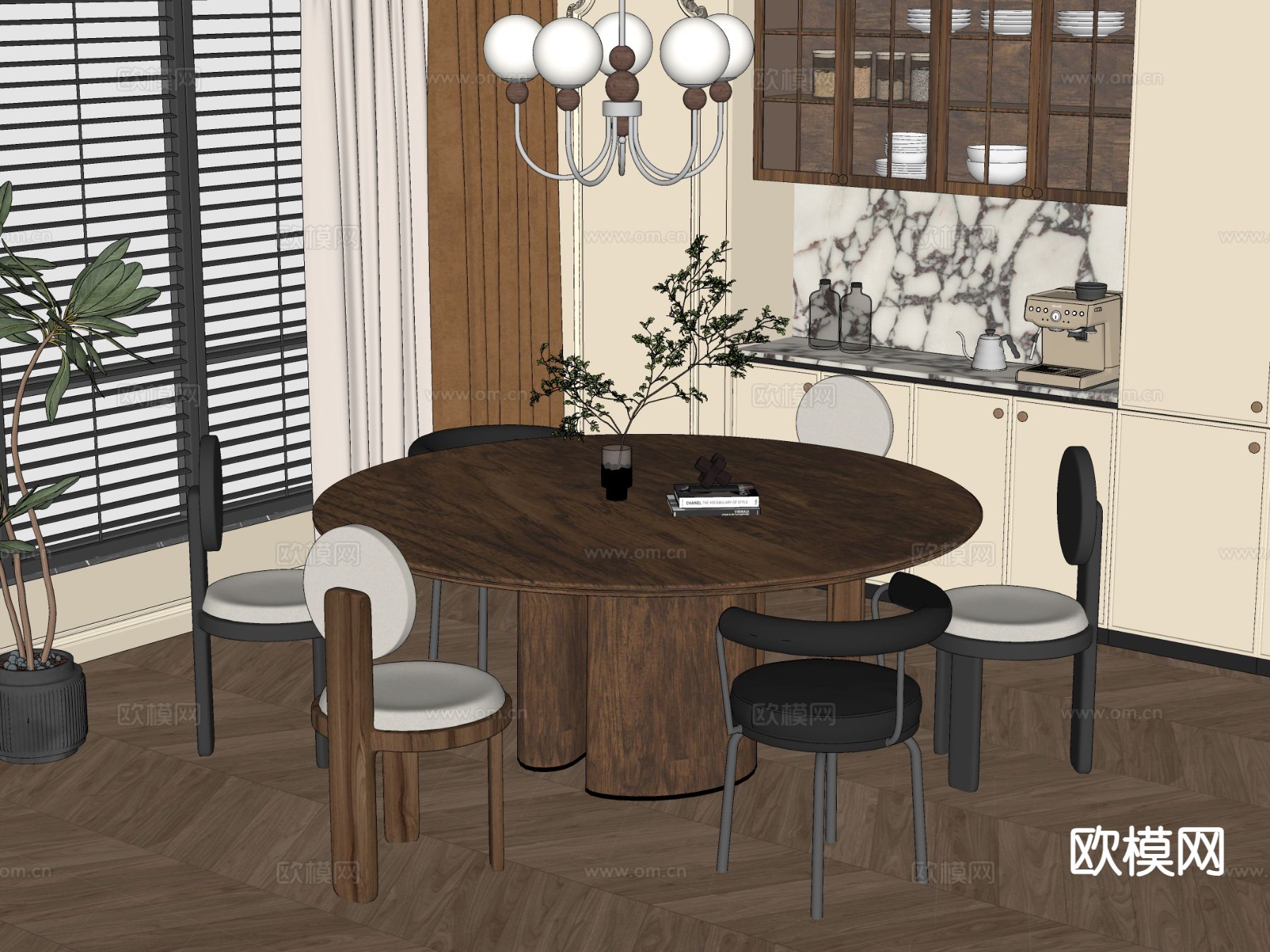 中古风圆餐桌 餐桌椅su模型
